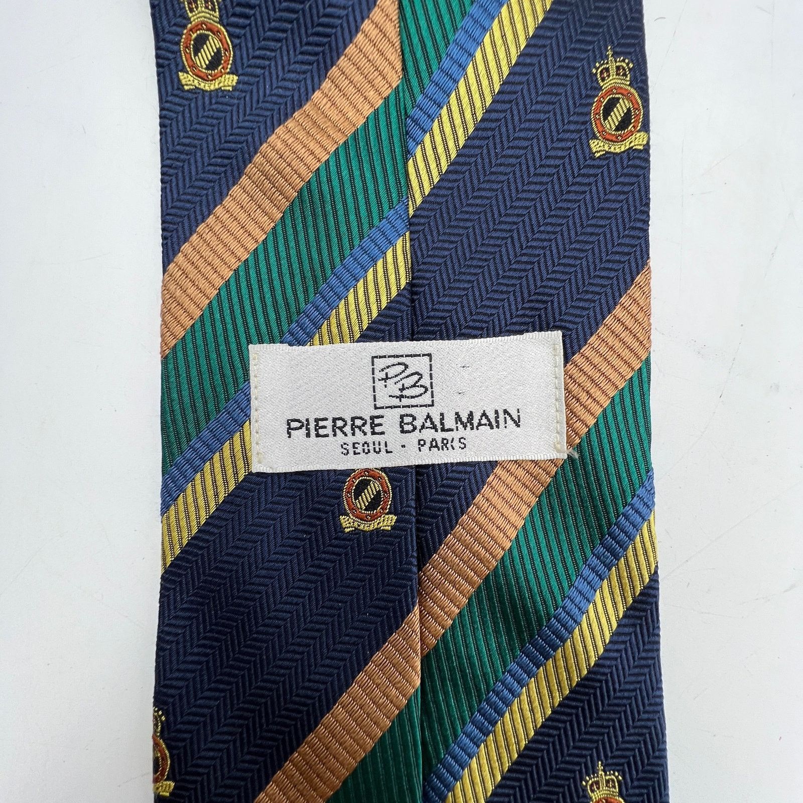 Balmain Pierre Balmain Silk Stripe Tie Emblem Motif Navy Blue Green Size ONE SIZE - 3 Thumbnail