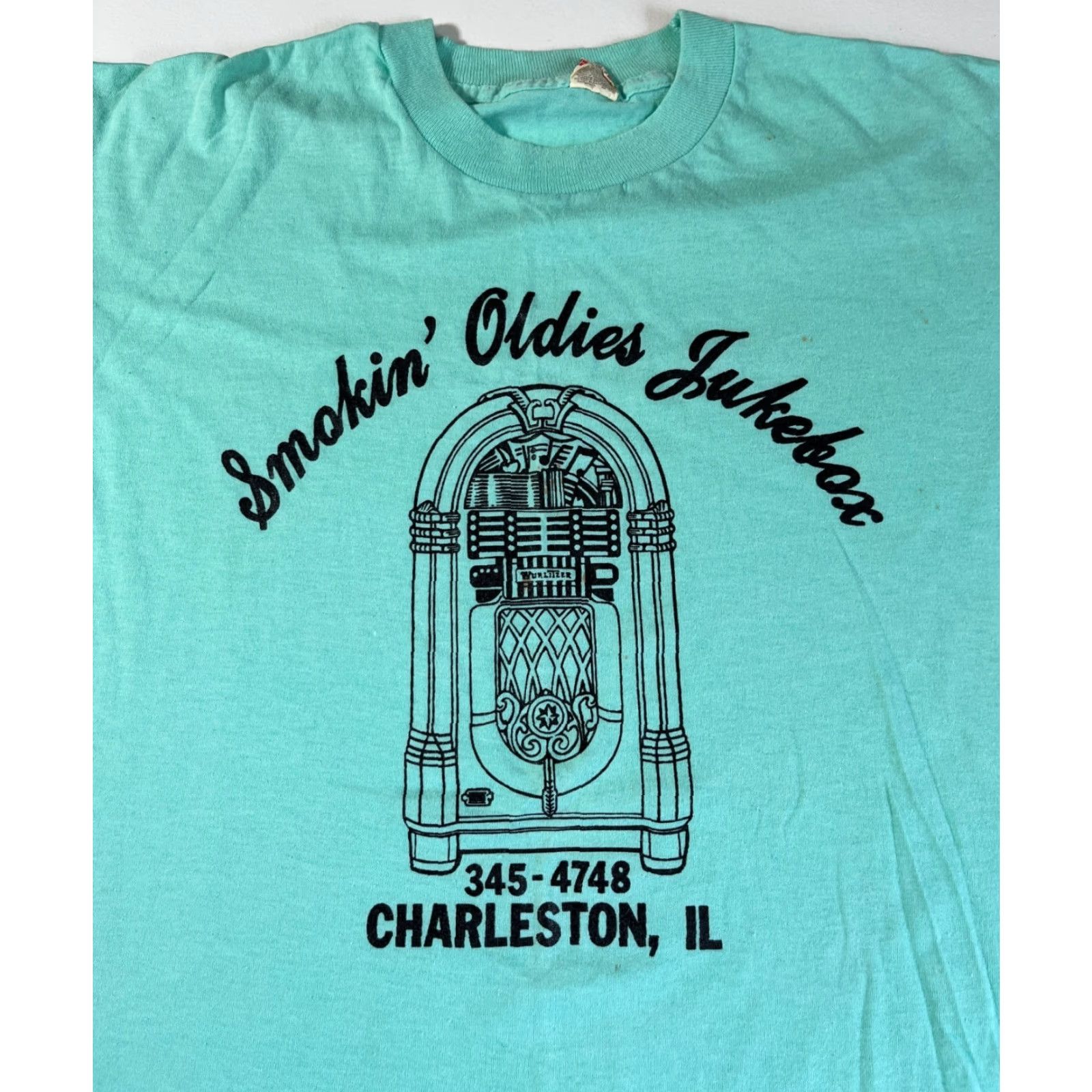 Vintage VINTAGE Screen Stars T-Shirt Unisex Adults XL Teal 80s Smokin' Oldies Jukebox Charleston, IL Music 80s Mens Womens Boys Girls Size US XL / EU 56 / 4 - 3 Thumbnail