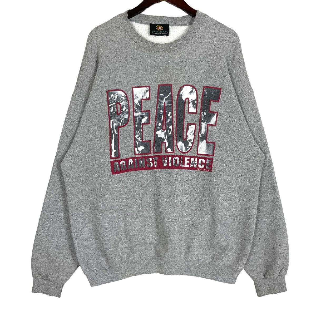 image of Vintage VTG Bullet Proof Peace Against Violence Sweatshirt Jumper in Grey, Men's (Size Medium)