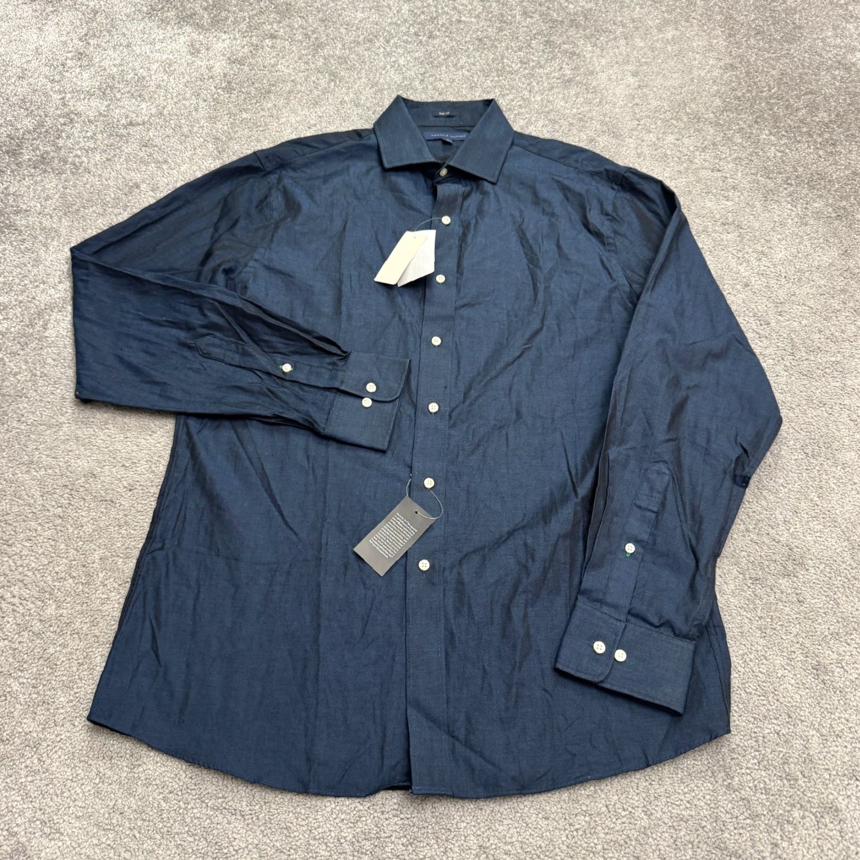 Tommy Hilfiger Slim Fit Dress Shirt Mens 16 34/35 Navy Blue Long Sleeve  Work NWT