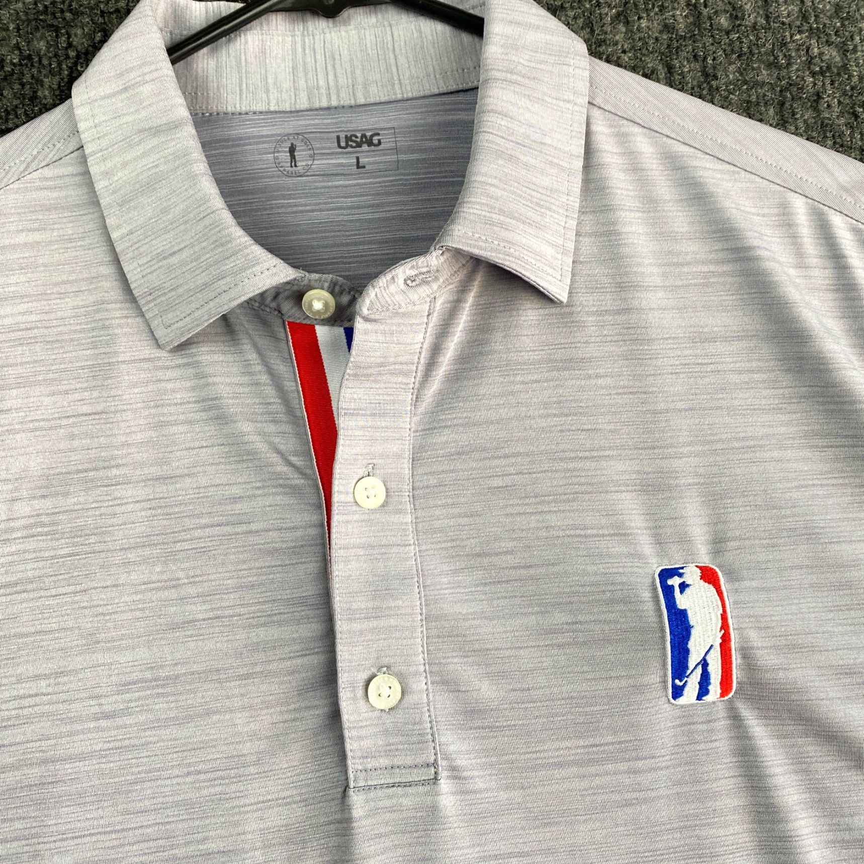 Vintage VINTAGE? Wait no - The item is not vintage per specs. So: USAG Polo Shirt Men L Gray Red White USA Embroidered Logo Golf Shirt Short Sleeve Activewear Size US L / EU 52-54 / 3 - 2 Thumbnail