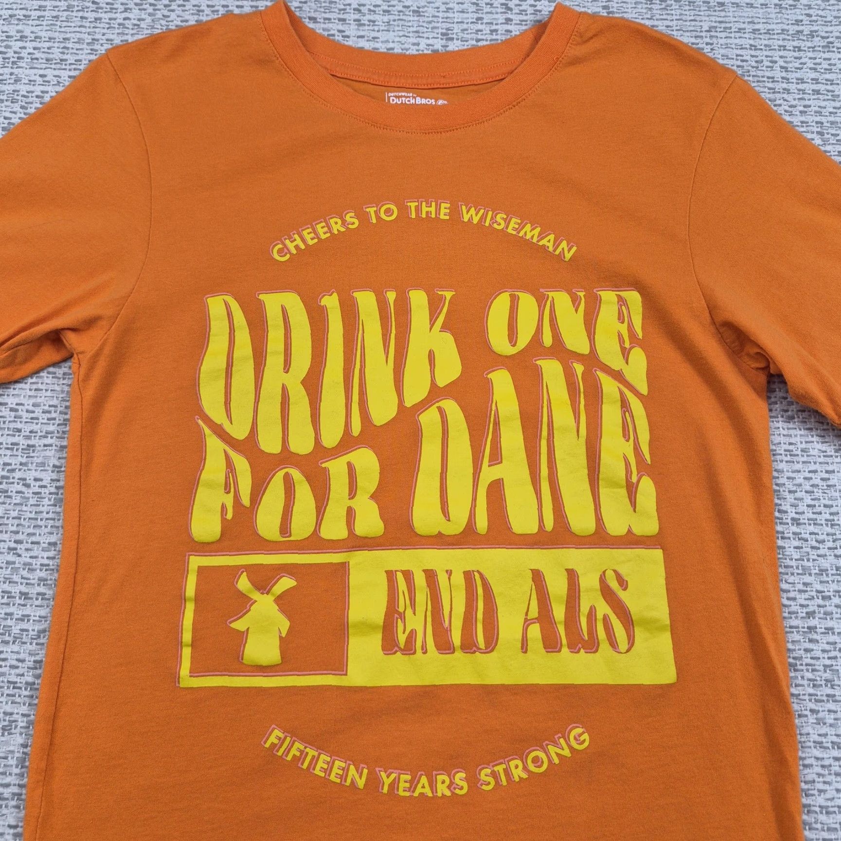 Vintage Dutch Bros Drink One For Dane Shirt T-Shirt Unisex Adults XS Orange Coffee ALS Awareness 15 Years Strong Size US XS / EU 42 / 0 - 4 Thumbnail
