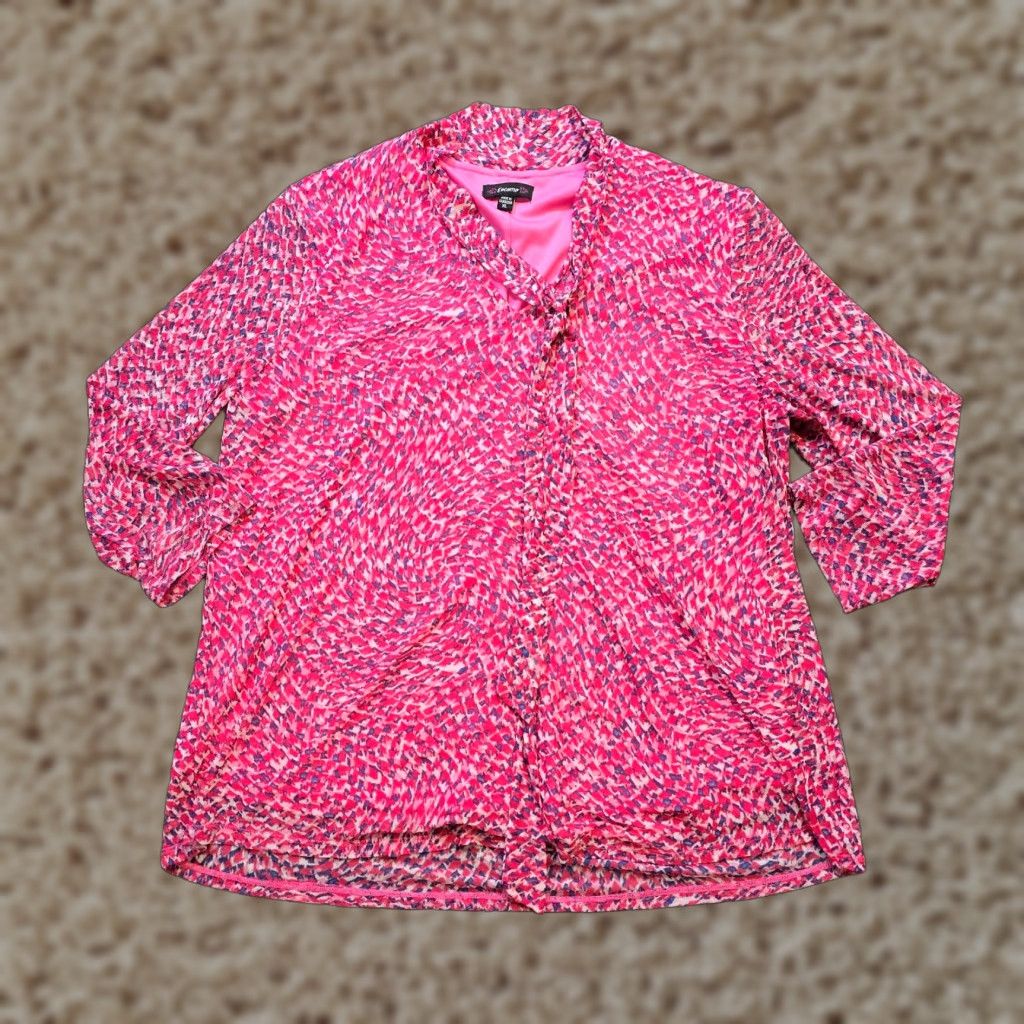 Pinko Cocomo Top Blouse Womens XL Pink Neck Tie Stretch Lined Casual Career Sheer Sleeves Voting? Size XL / US 12-14 / IT 48-50 - 1 Thumbnail
