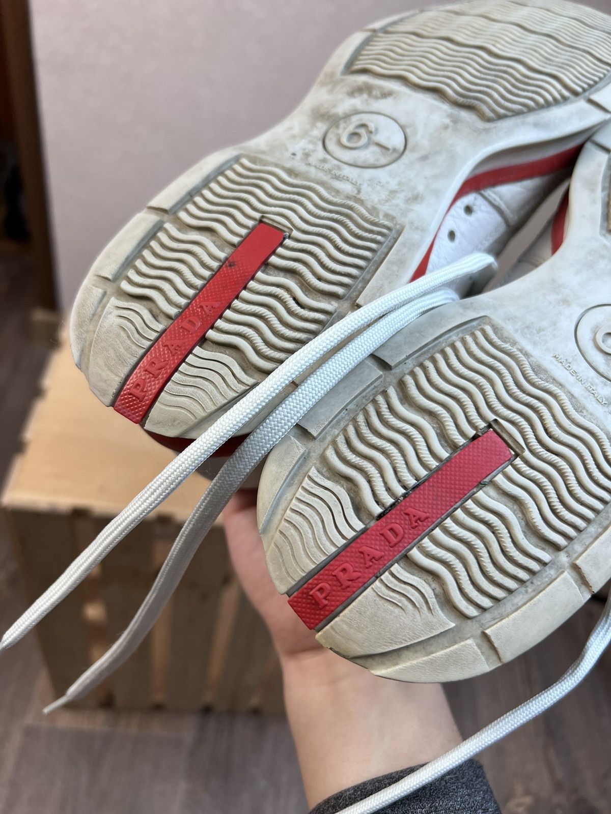 Prada Vintage Prada Red Tab Leather Sneakers Shoes White US: 6.5 Size US 6.5 / EU 39-40 - 14 Thumbnail
