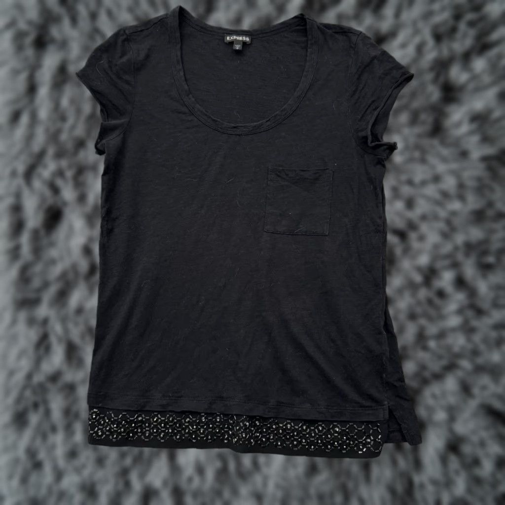 Express Express Top Shirt Womens Small Black Beaded Glam Sparkly Minimalist Edgy Embellished Casual Short Sleeve Round Neck Pullover Cotton Modal Size S / US 4 / IT 40 - 1 Thumbnail