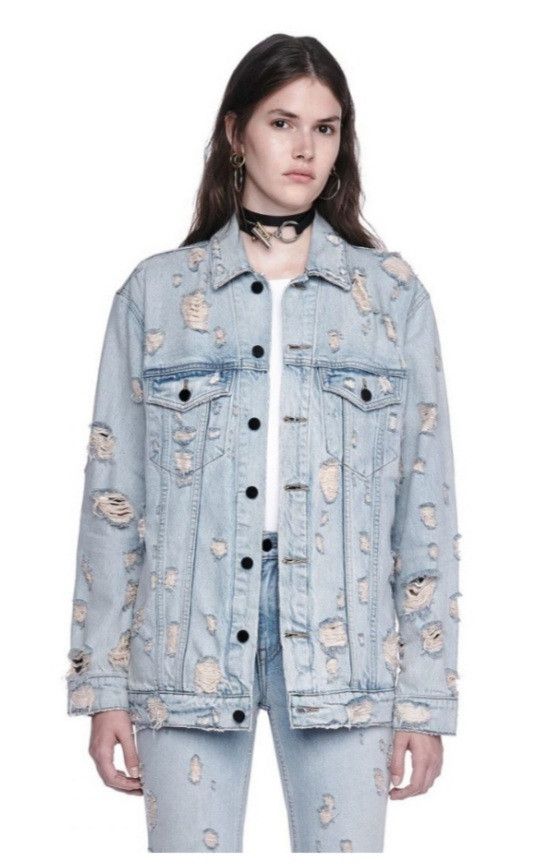 image of Denimx By Alexander Wang Distressed Denim Jacket in Denim Blue, Women's (Size Small)