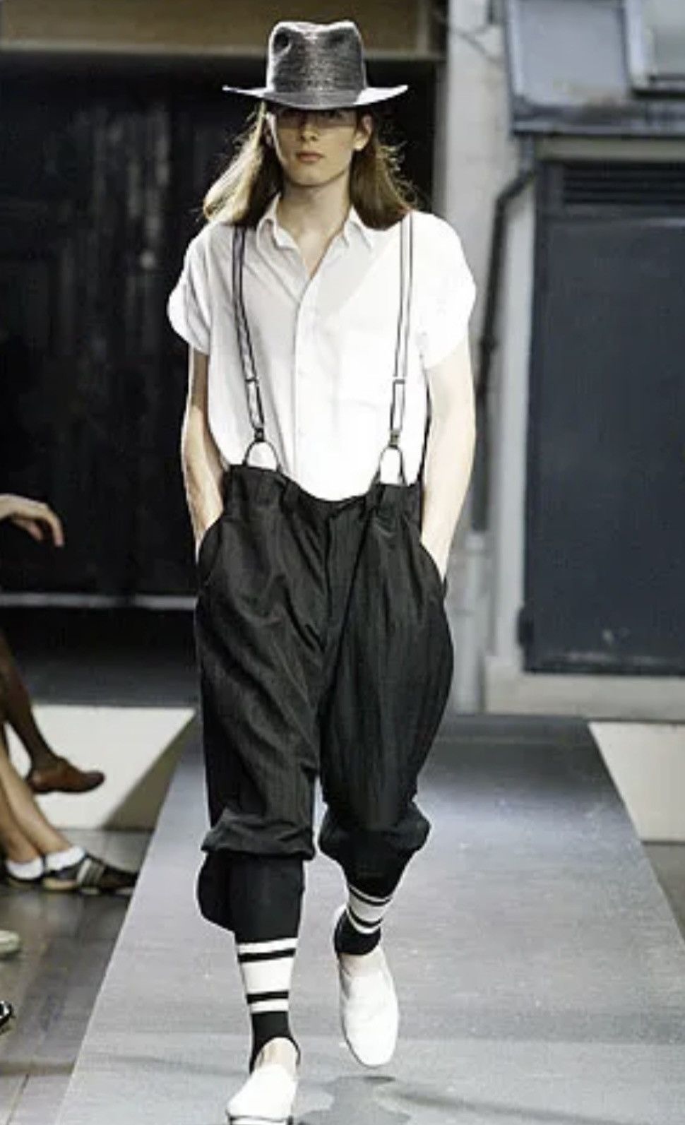 image of Yohji Yamamoto Leather Details Pants Suspenders in Silver, Men's