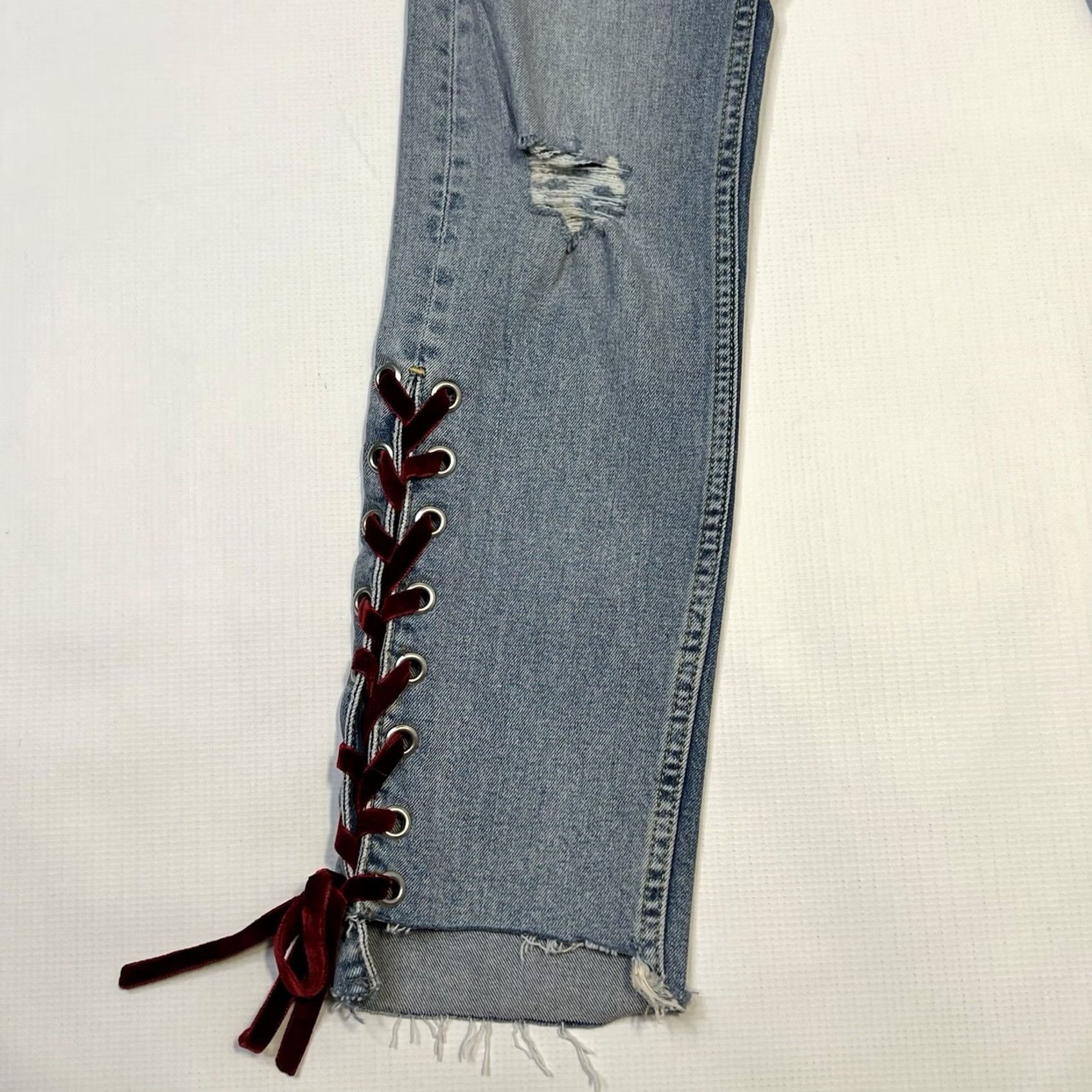 Anthropologie Anthropologie Pilcro Velvet Lace Tie Mid Rise Slim Straight Jeans Blue Size 25 Women Size 42" / US 20 - 4 Thumbnail