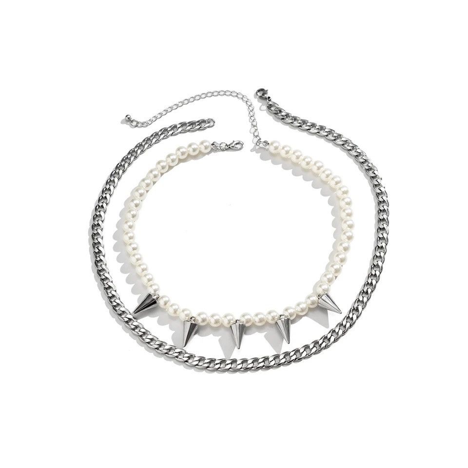 Jewelry Gothic Punk Pearl Spike Two Set Necklaces Chains Chokers Size ONE SIZE - 3 Thumbnail