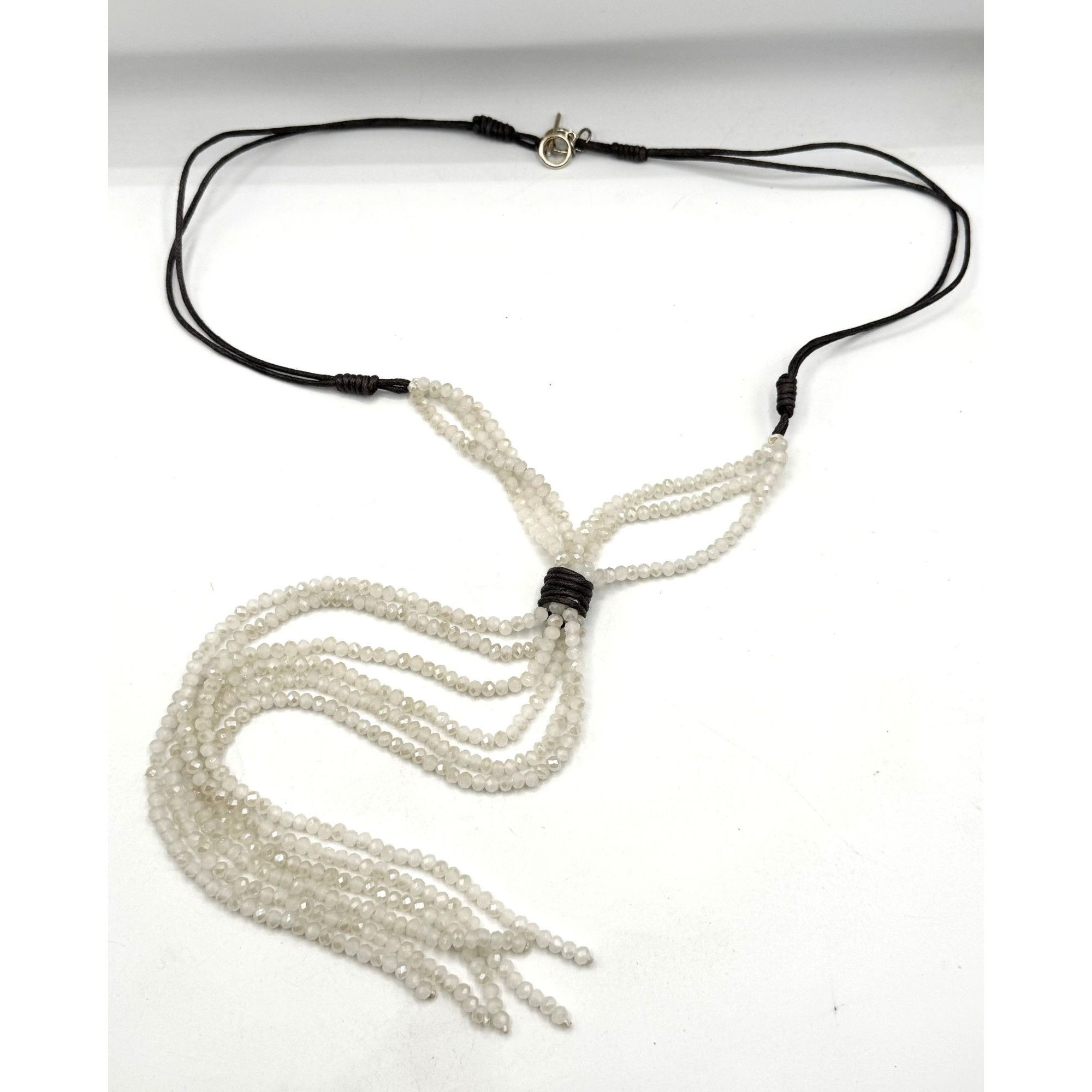 Vintage White Crystal Beaded Tassel Leather Necklace Size ONE SIZE - 1 Thumbnail