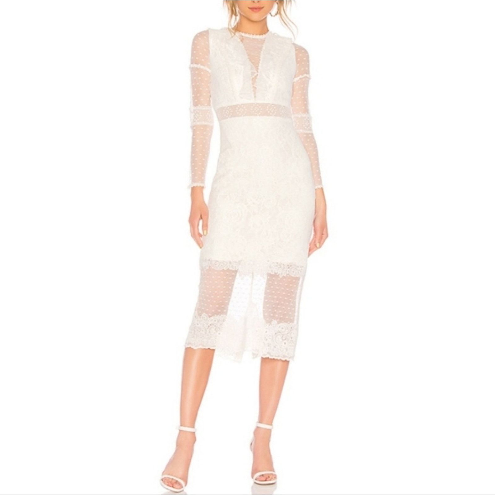 Alexis Elize White Lace Midi Dress Long Sleeve Size M Bridal