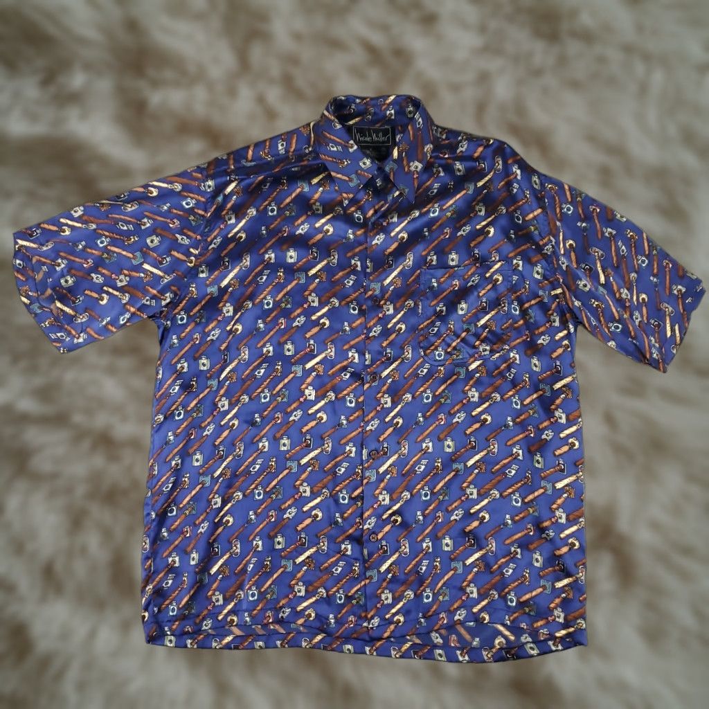 Nicole Miller VINTAGE Nicole Miller Shirt Mens XL Blue Silk Graphic Print Button-Up Short Sleeve Collared Cigar Art 90s Casual Party/Cocktail Travel Size US XL / EU 56 / 4 - 1 Thumbnail