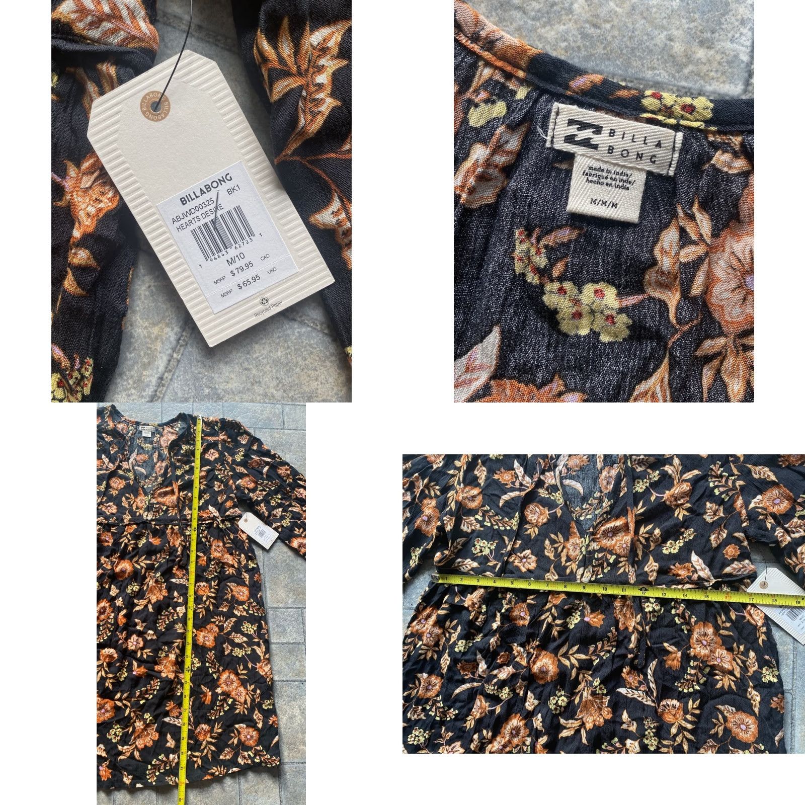 Billabong Billabong Hearts Desire MEDIUM Floral Print Dress Long Sleeve Black/Brown NWT Size XS / US 0-2 / IT 36-38 - 8 Thumbnail