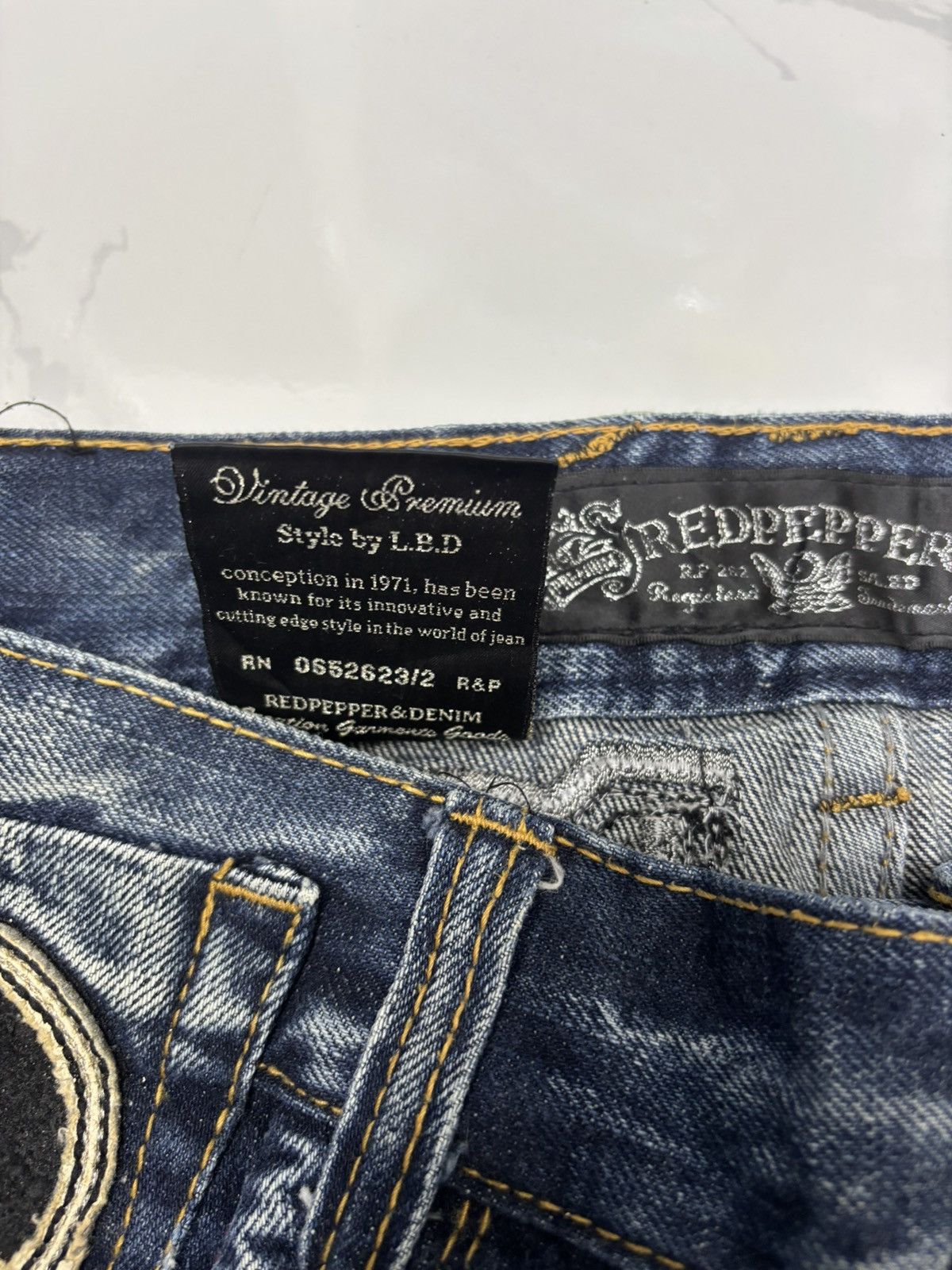 Tornado Mart 🔥RED PEPPER ☮️ EMBROIDERY FLARED JEANS DISTRESSED DENIM Size US 33 - 13 Thumbnail
