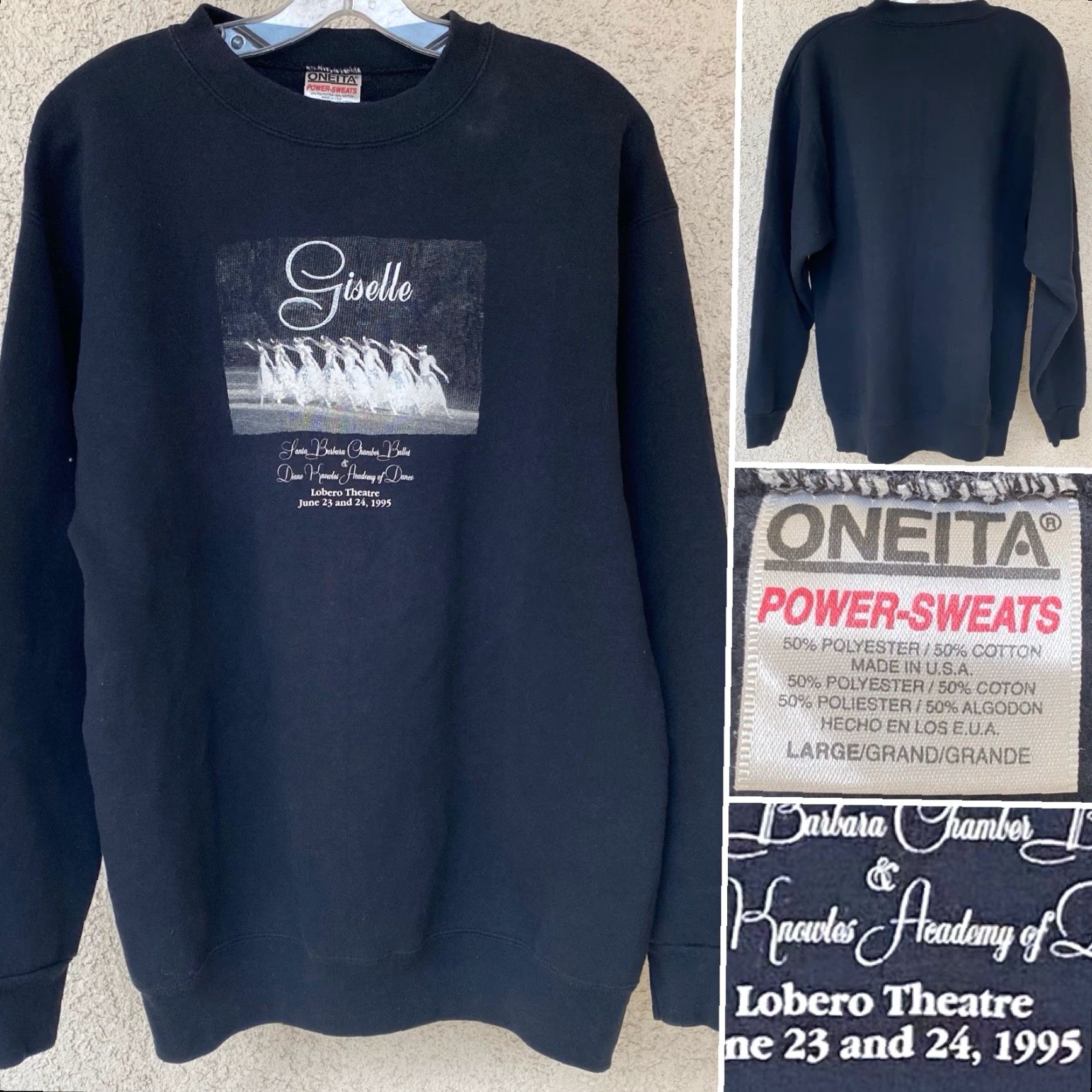 Vintage VINTAGE Oneita Giselle Hoodie Shirt Adults L Black Graphic Print Lobero Theatre 1995 USA Size US L / EU 52-54 / 3 - 2 Thumbnail