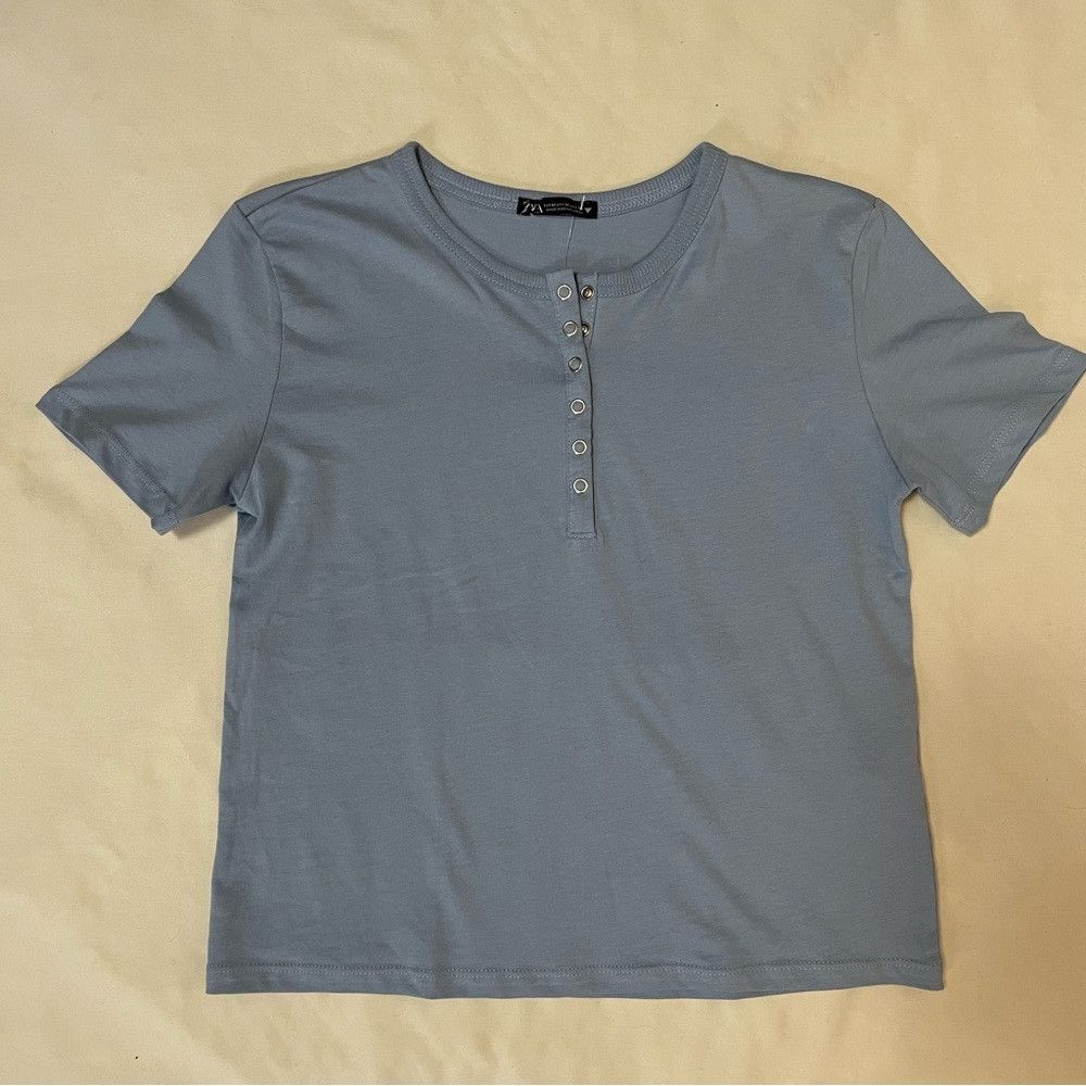 Zara New Zara Henley Blue Cotton short Sleeve Shirt Size M Size M / US 6-8 / IT 42-44 - 6 Thumbnail