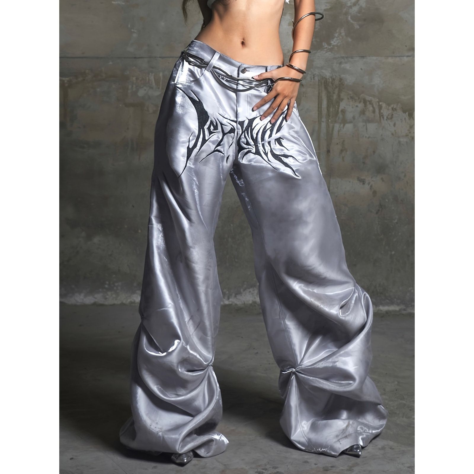 Japanese Brand Gothic Crotch Print Silver Baggy Pants Size US 30 / EU 46 - 2 Thumbnail