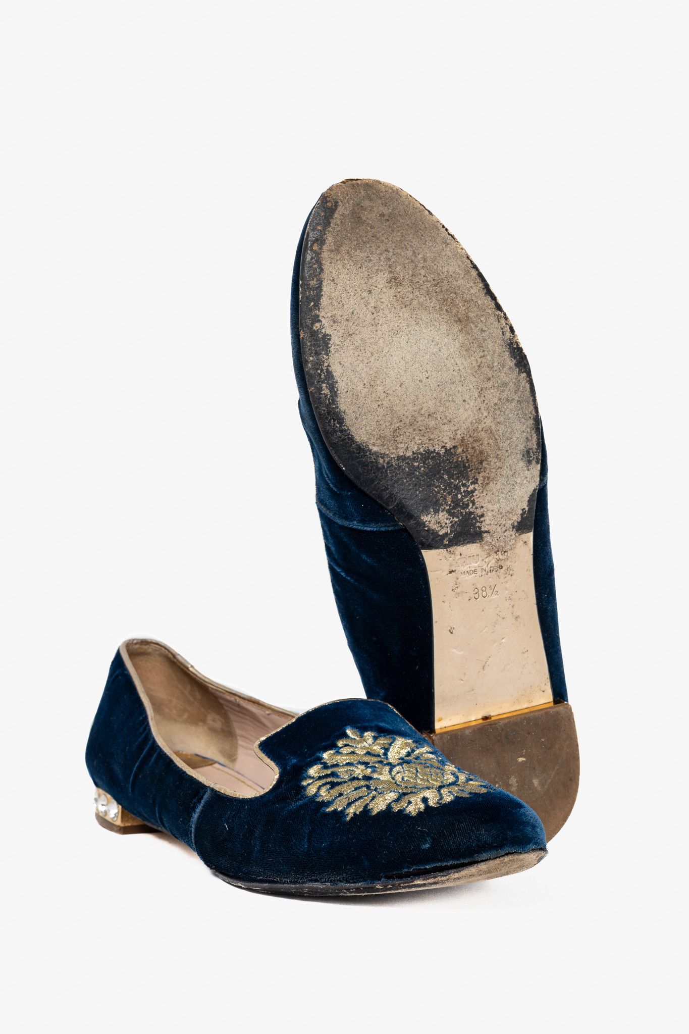 Miu Miu Miu Miu PF12 Blue Velvet Embroidered Crystal-Heel Loafers Size US 8 / IT 38 - 5 Thumbnail