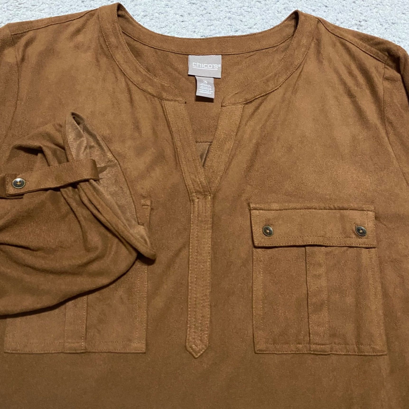 Vintage Chico's Womens XL Shirt Brown 3/4 Sleeve V-Neck Velvet Pockets Size XL / US 12-14 / IT 48-50 - 5 Thumbnail
