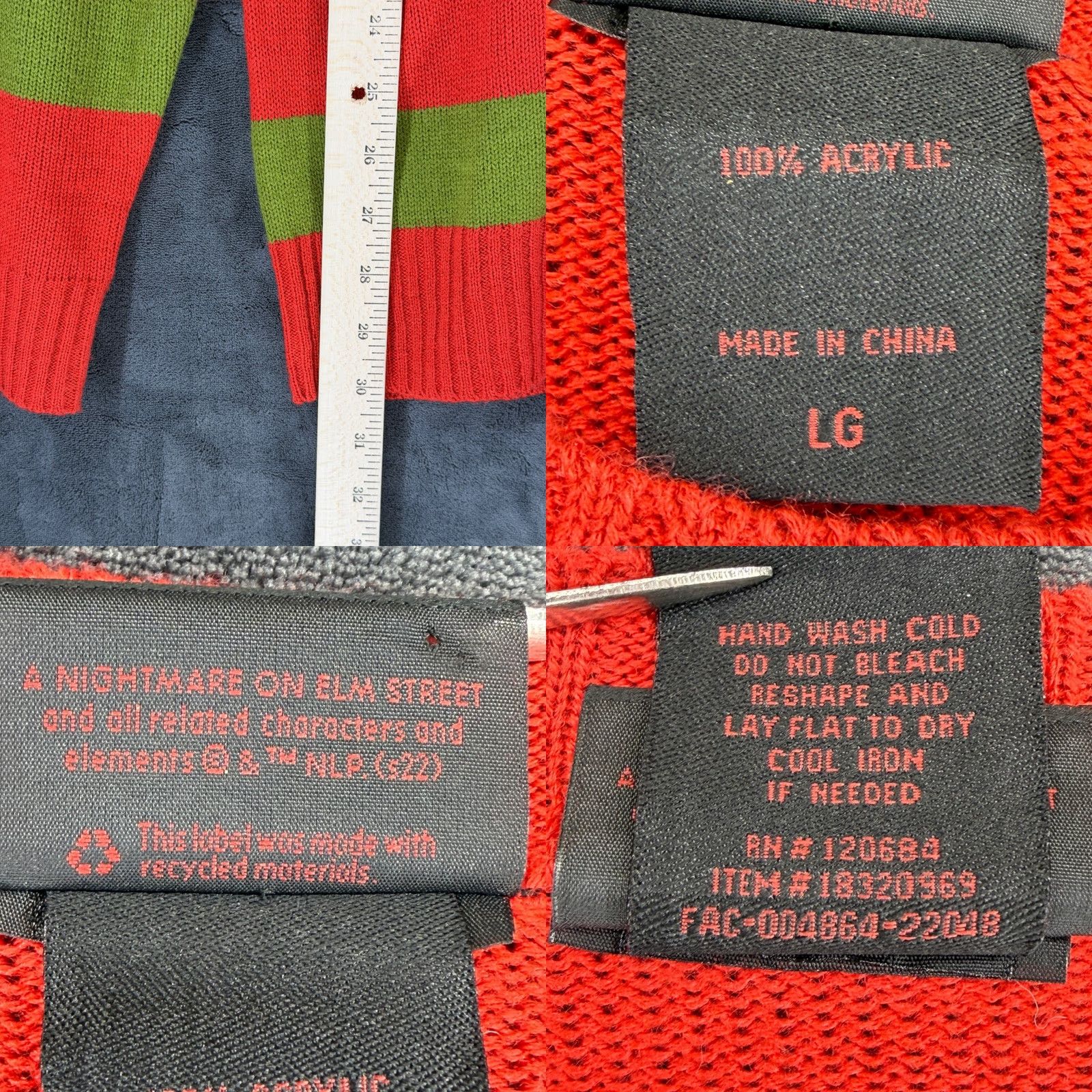 Vintage VINTAGE A Nightmare on Elm Street Freddy Krueger Striped Sweater LG Red Green Crew Neck Mens Sweater Distressed Knit Pullover Halloween Horror Size US L / EU 52-54 / 3 - 8 Thumbnail
