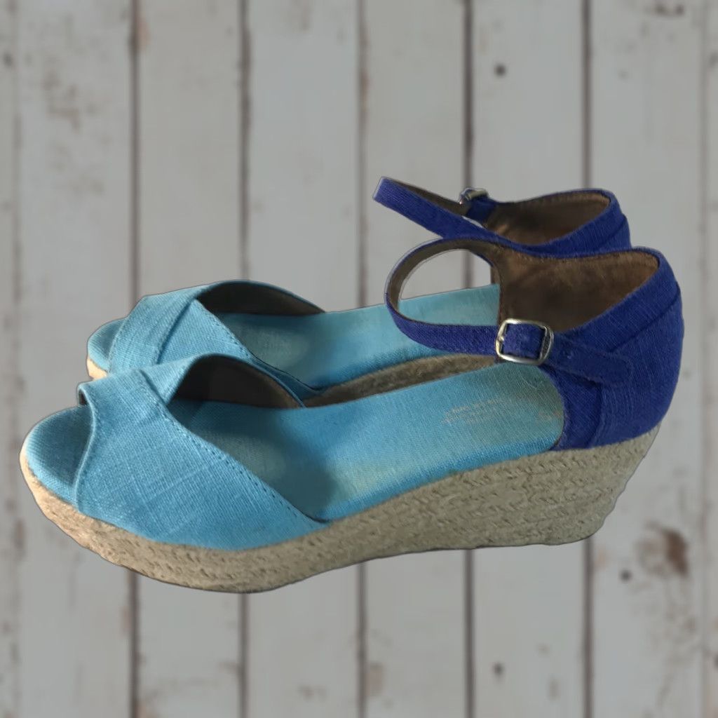 Toms TOMS Teal Blue Wedge Sandals Womens Size 7 Adjustable Buckle Espadrille 3.5in High Heel Bohemian Size US 5.5 / IT 35.5 - 1 Thumbnail