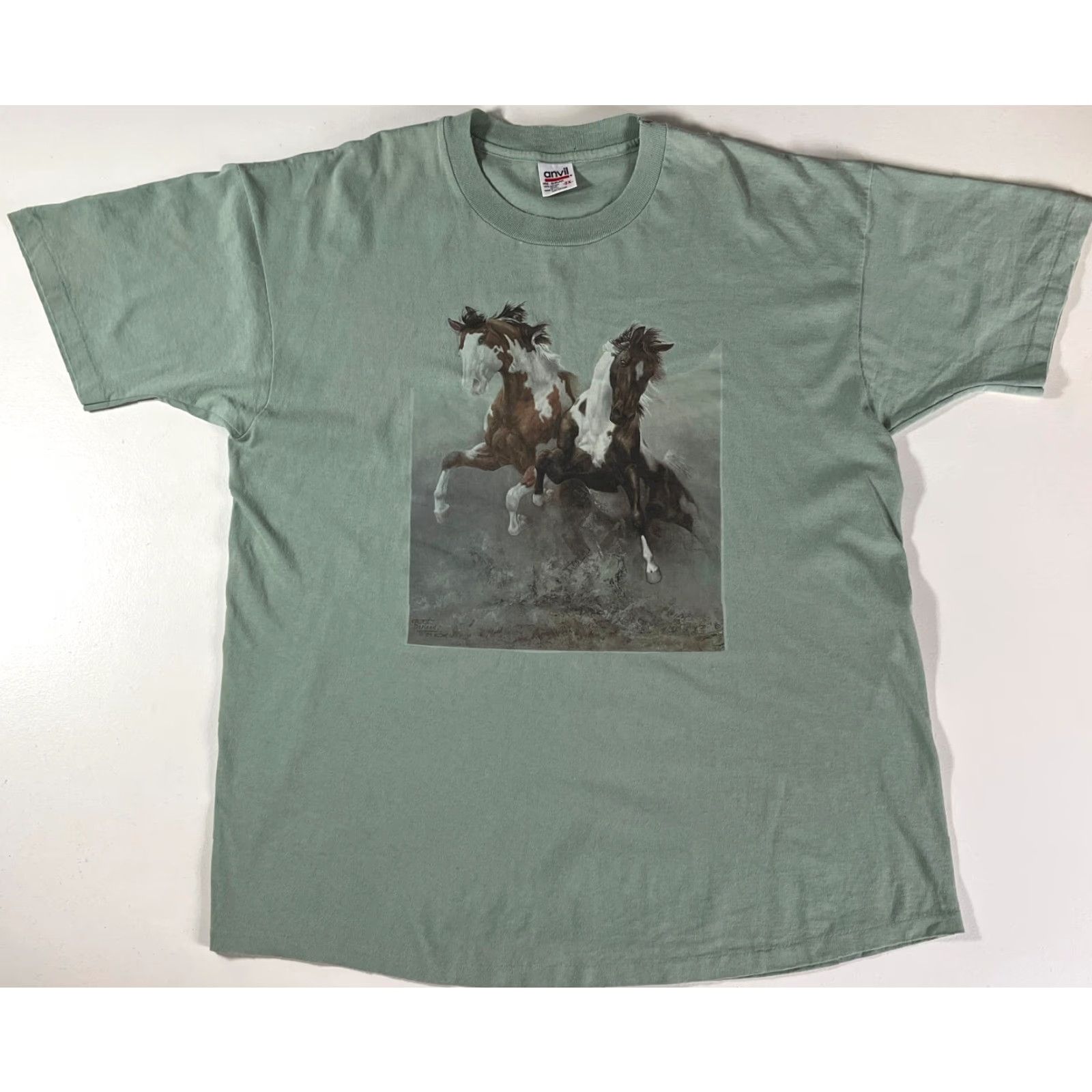 Anvil VINTAGE Anvil Chuck Dehaan Horses Art T-Shirt 2X Unisex Adults Green 80s 1989 Made in USA Short Sleeve Crew Neck Cotton Size US XXL / EU 58 / 5 - 3 Thumbnail