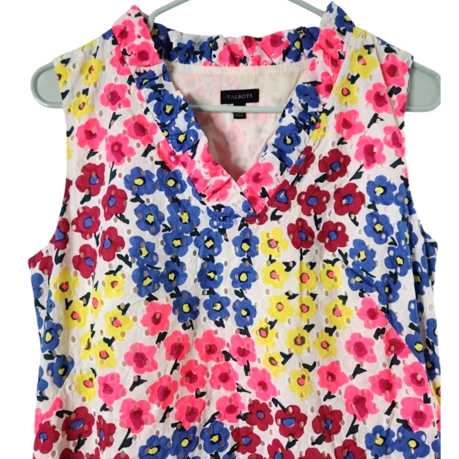 Talbots Talbots Womens Tank Dress Sleeveless Lined Knee Length Floral Ruffle Zip V-Neck 10 Multicolor Cotton Regular Dress Womens Size L / US 10 / IT 46 - 3 Thumbnail