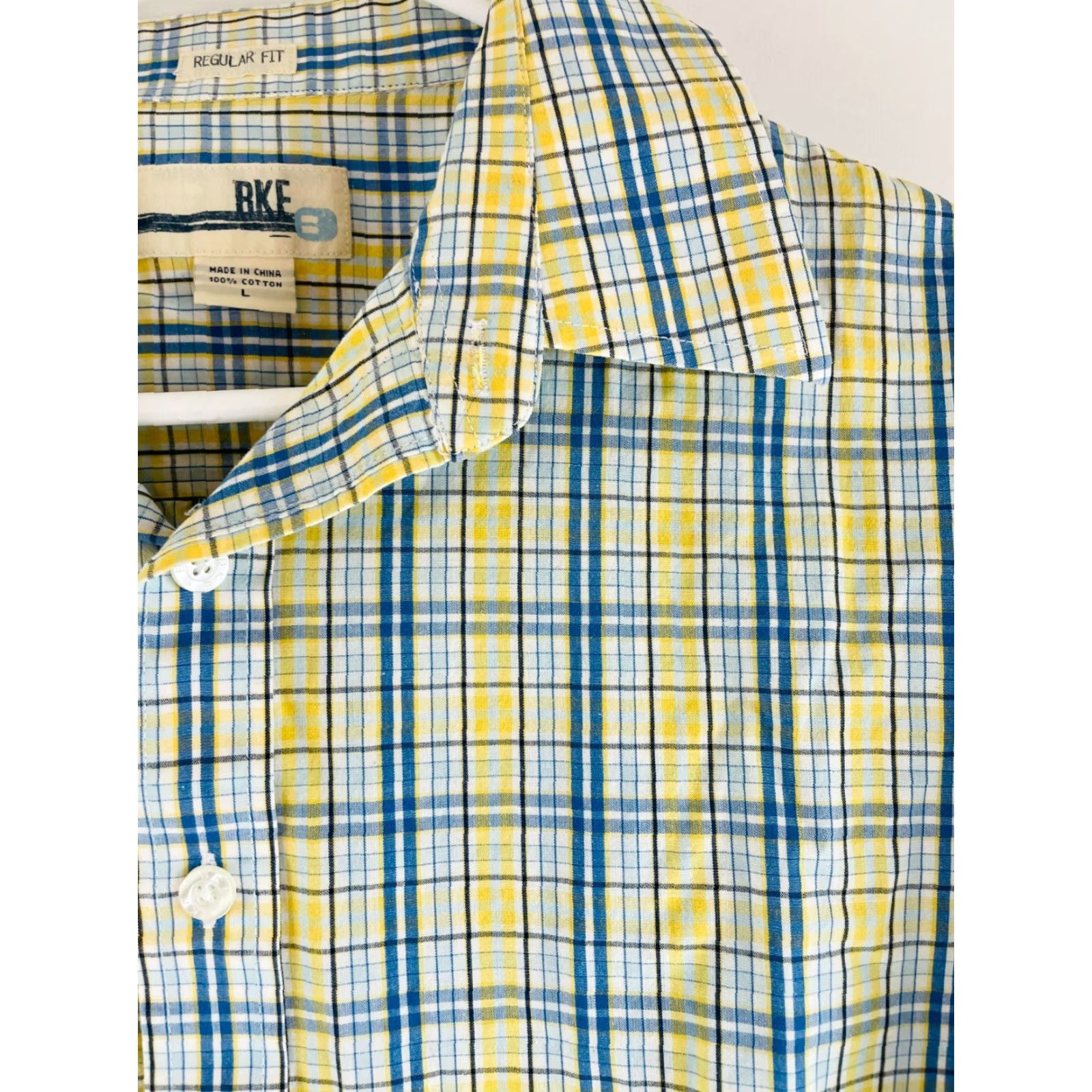 BKE BKE Shirt Men's Large Yellow Blue Check Long Sleeve Button Up Regular Fit Size US L / EU 52-54 / 3 - 3 Thumbnail