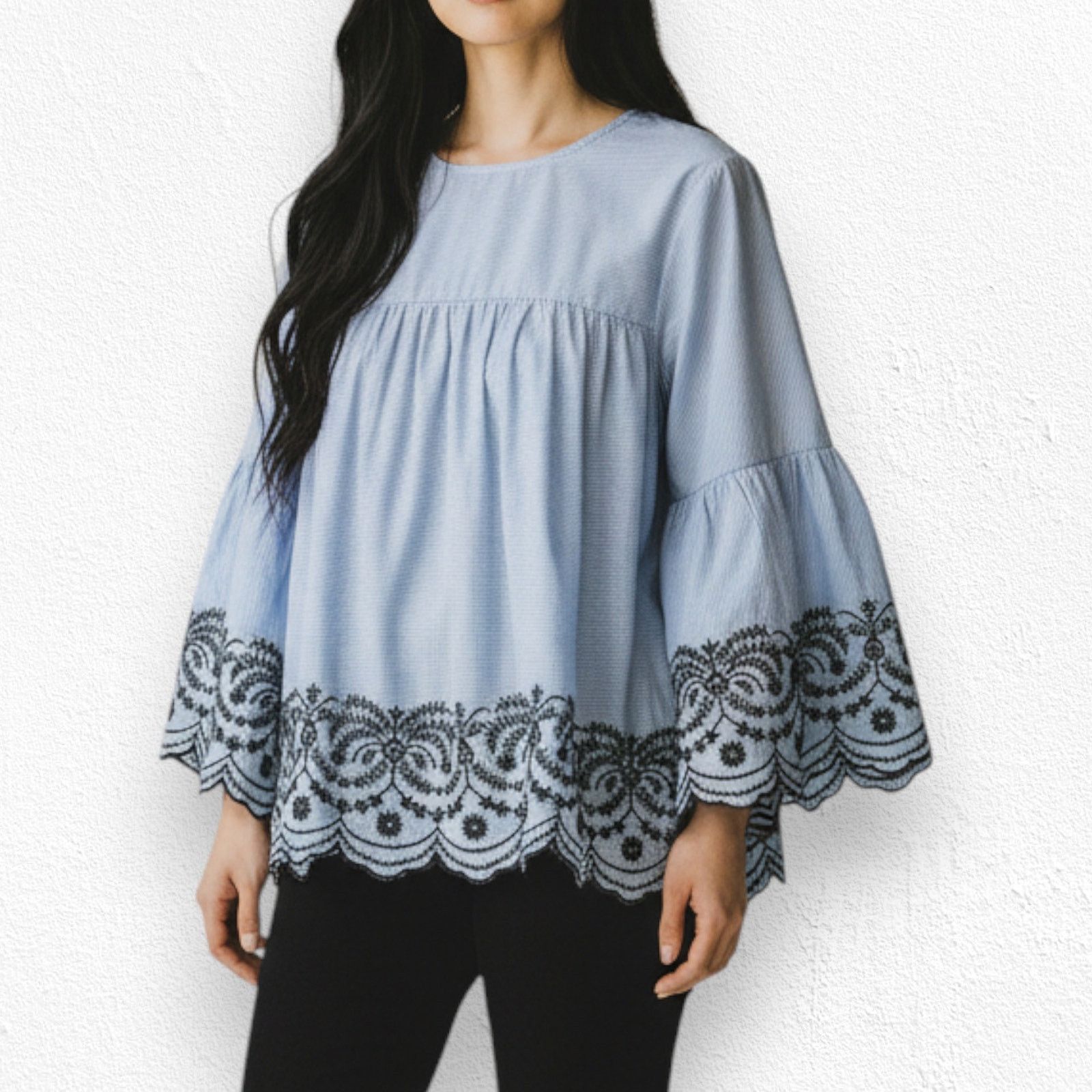 Zara Zara Blue Black Striped Embroidered Blouse Size XS Size XS / US 0-2 / IT 36-38 - 3 Thumbnail