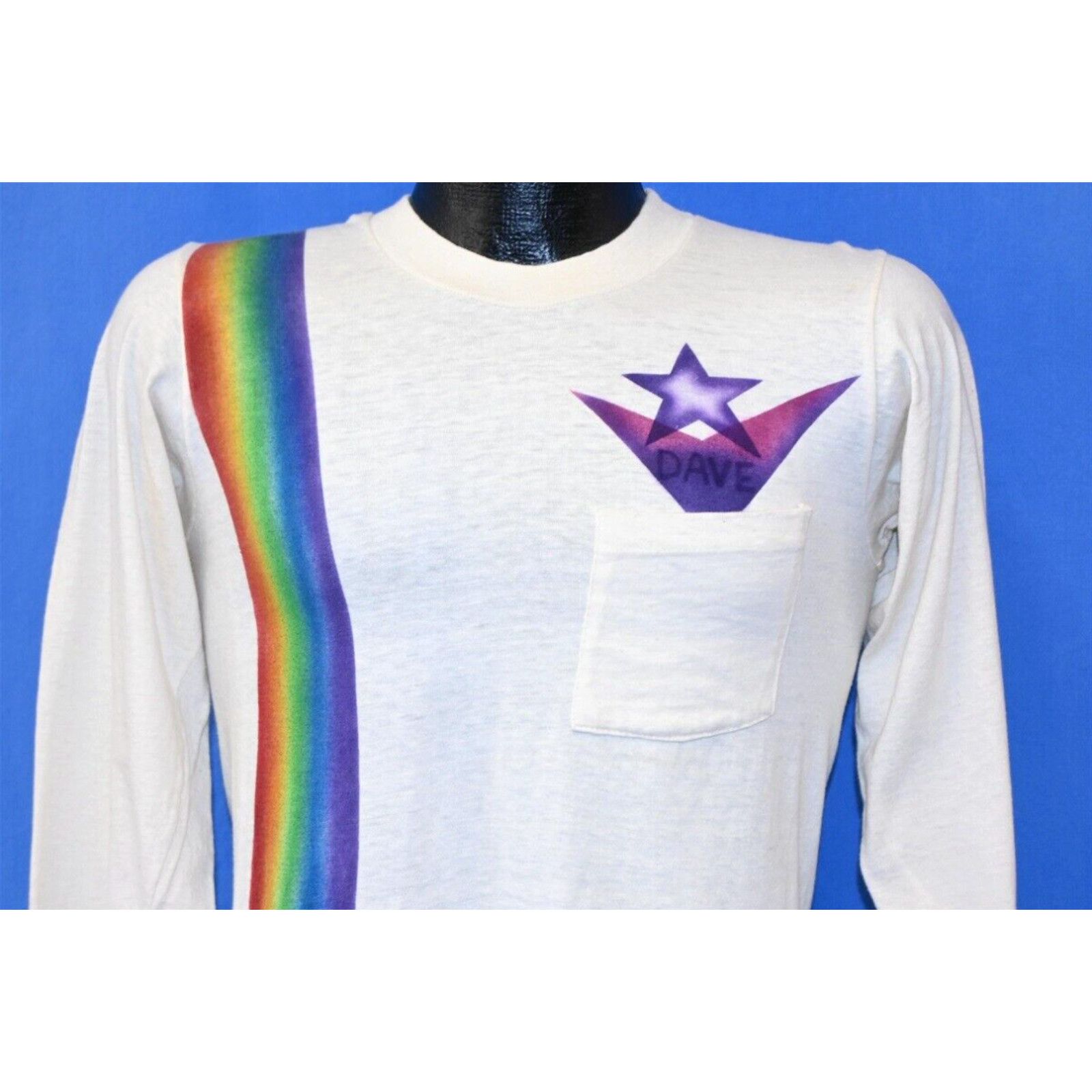 image of Vintage 70's Dave Air Brush Wizard Rainbow Long Sleeve Pocket T-Shirt Small S in White, Men's