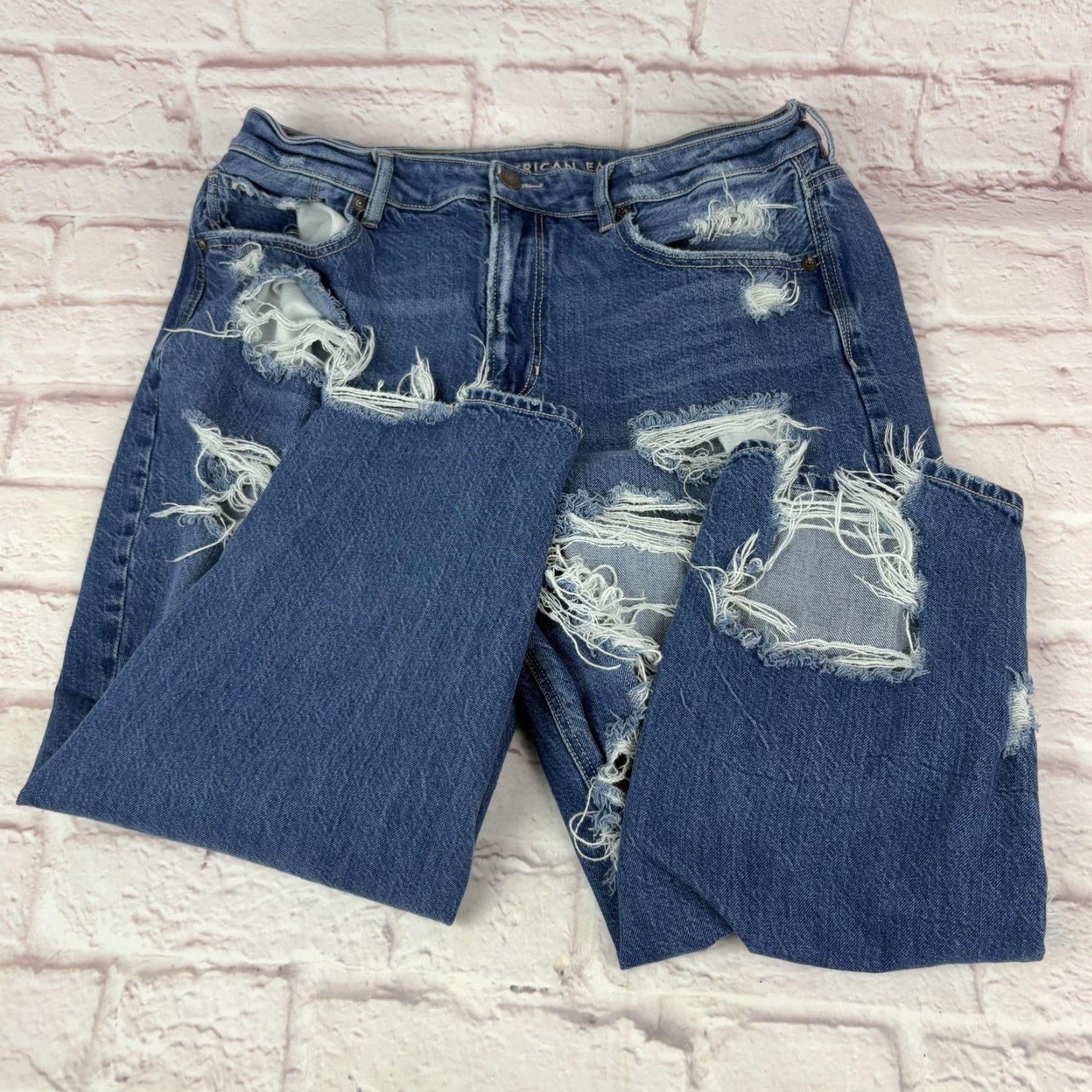 American Eagle Outfitters American Eagle Jeans Womens 14 X-Short Blue Mom Jean Distressed Ripped Cropped Size 36" / US 14 / IT 50 - 2 Thumbnail