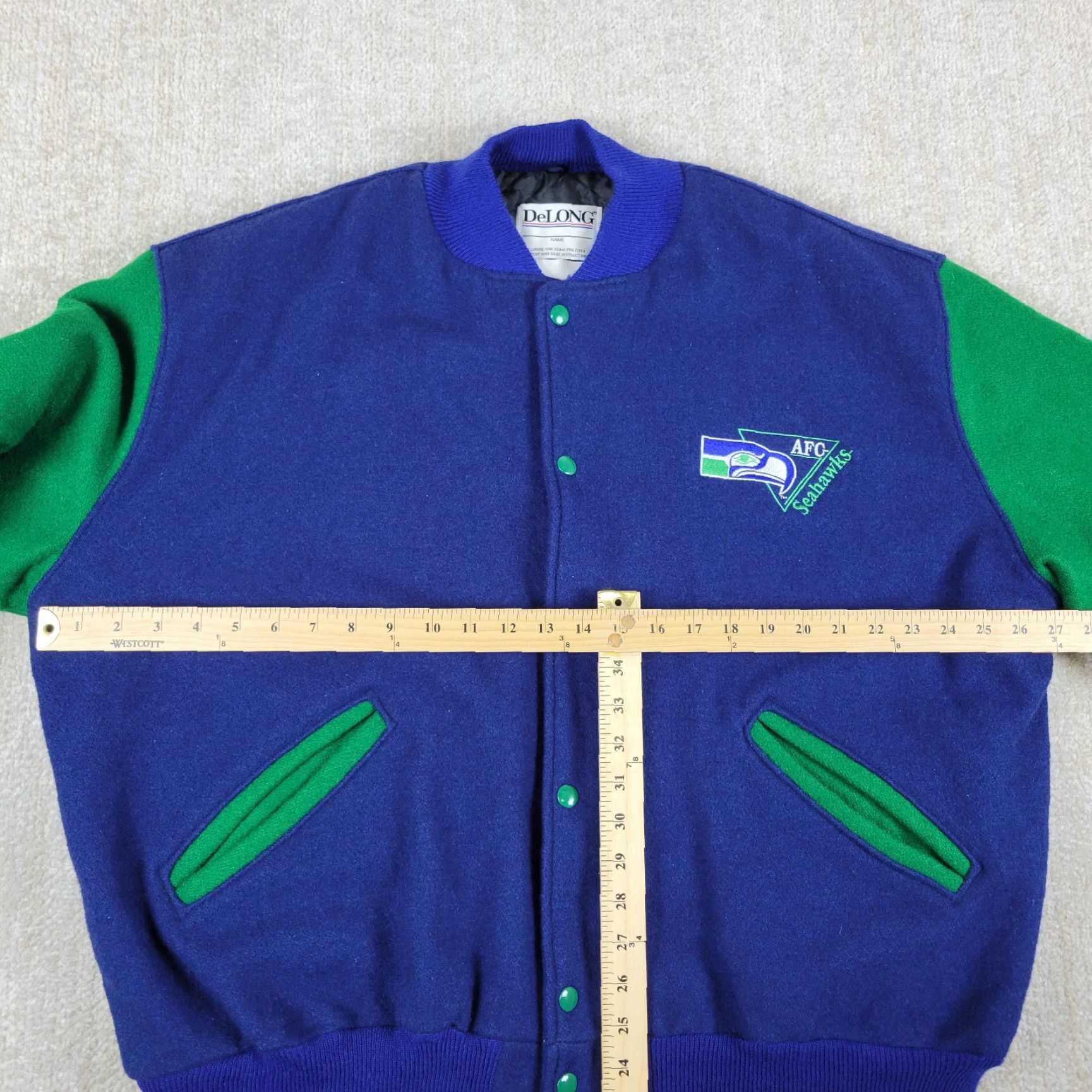 Vintage VINTAGE DeLong Seattle Seahawks Wool Varsity Jacket Mens XL Blue Green Snap USA 70s Size US XL / EU 56 / 4 - 4 Thumbnail