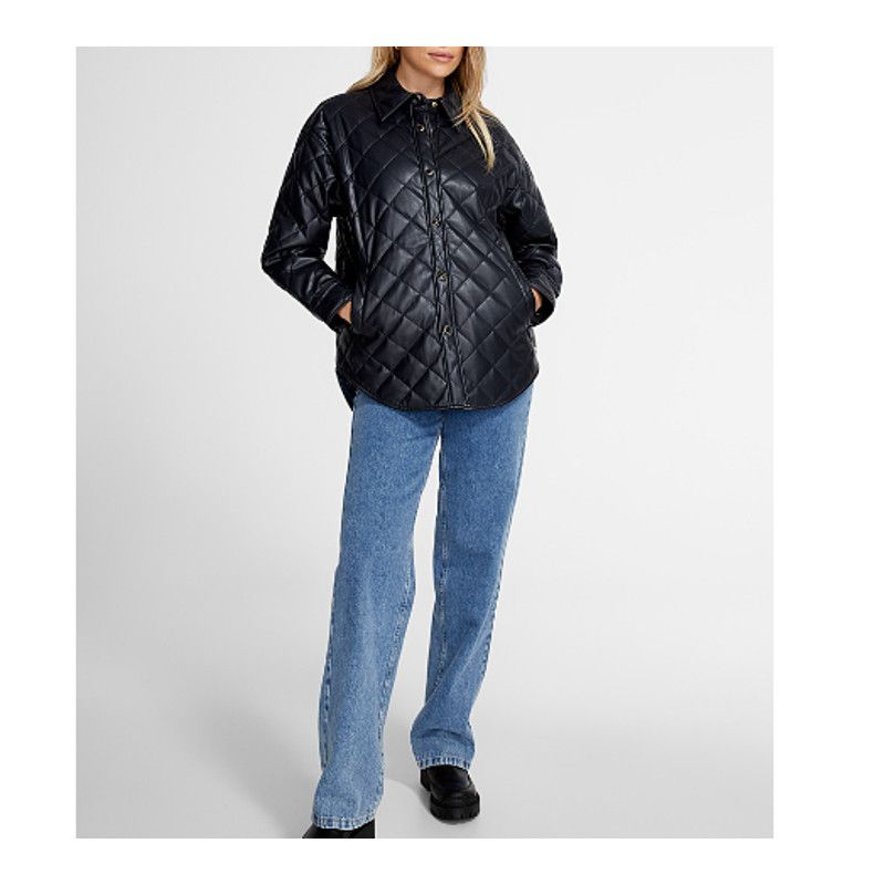 image of Scotch Soda Scotch & Soda Faux Leather Quilted Shirt Jacket Large in Black, Women's