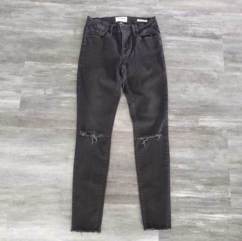 Designer Black Slit Detailed Frame Denim Skinny Jean Size 27" / US 4 / IT 40 - 1 Thumbnail