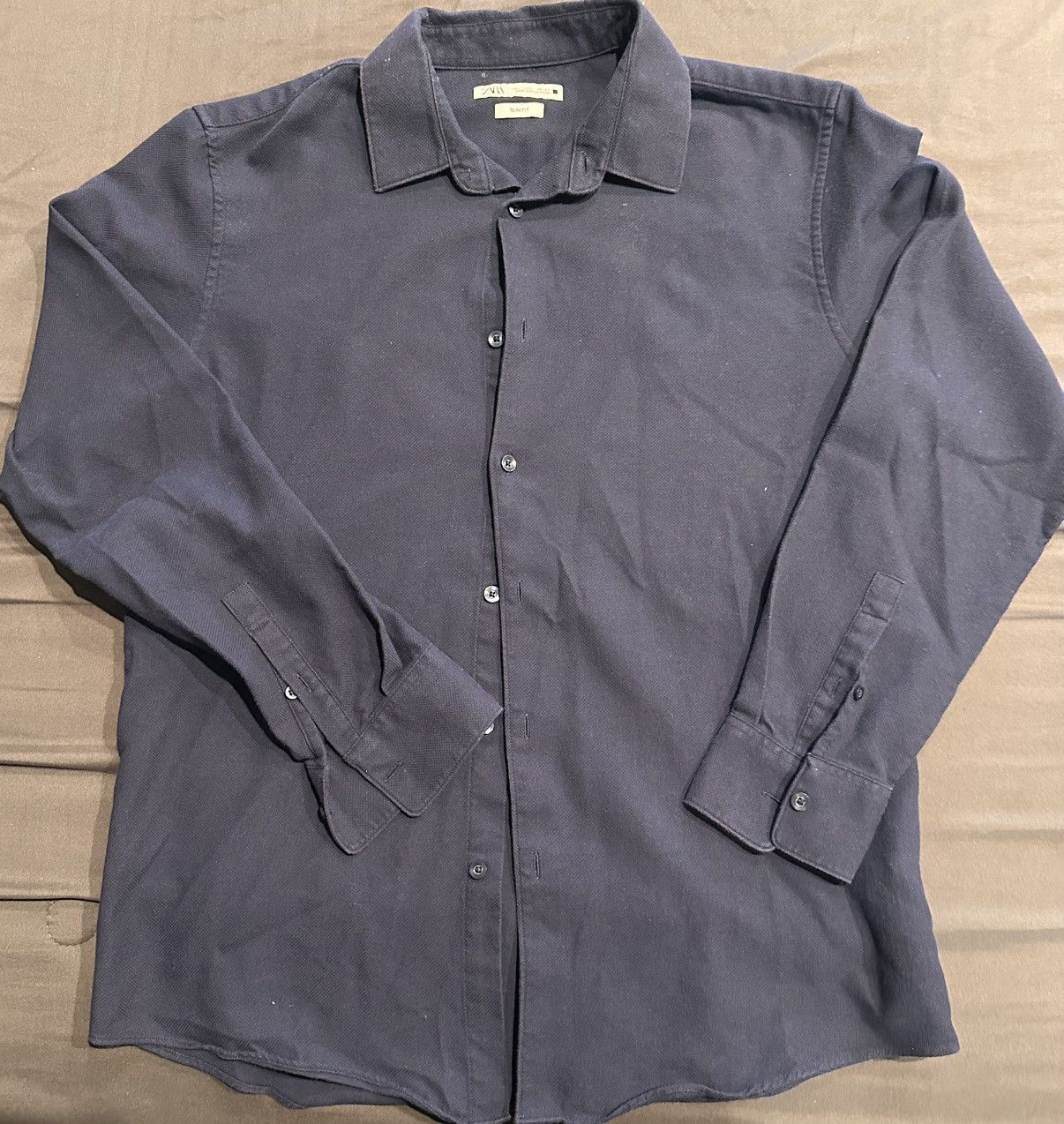 Zara Navy Blue Zara Slim Fit Textured Button Up Size US L / EU 52-54 / 3 - 1 Thumbnail