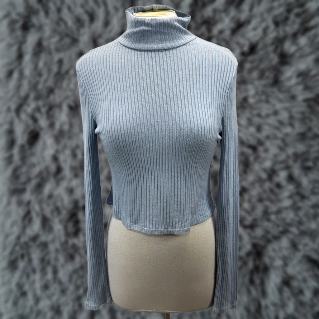 Reformation Reformation Valeria Crop Turtleneck Sweater Women’s L Blue Ribbed Stretch Pullover Mock Neck Size L / US 10 / IT 46 - 1 Thumbnail