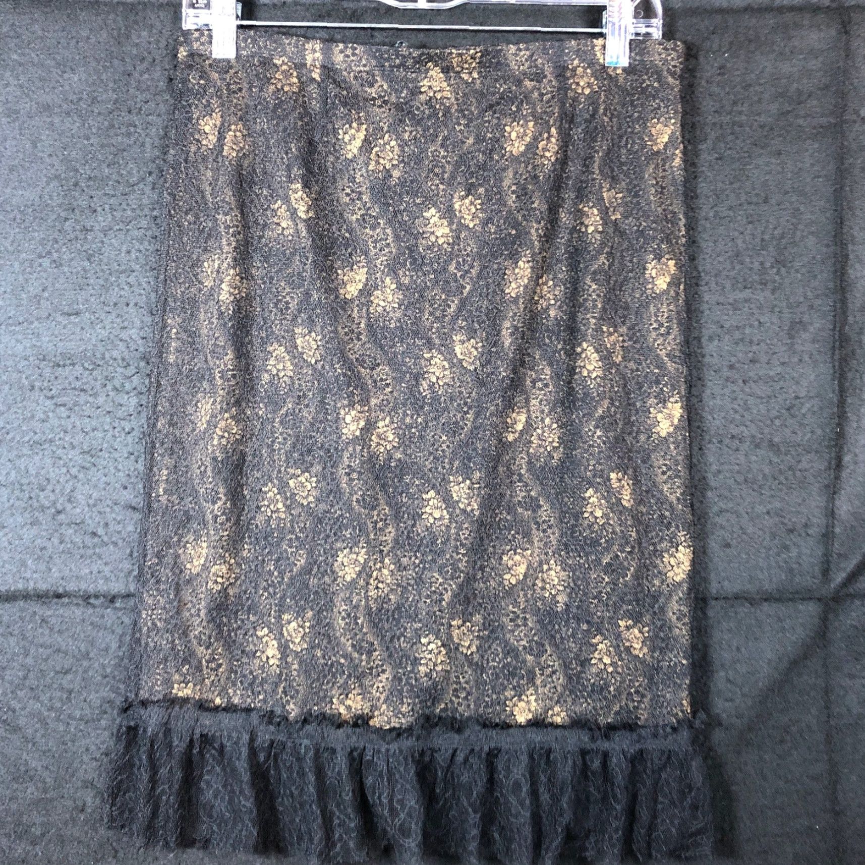 Express Express Skirt Womens Black Gold Pull On Lined Floral Lace Ruffle Small Midi A-Line Size 28" / US 6 / IT 42 - 7 Thumbnail