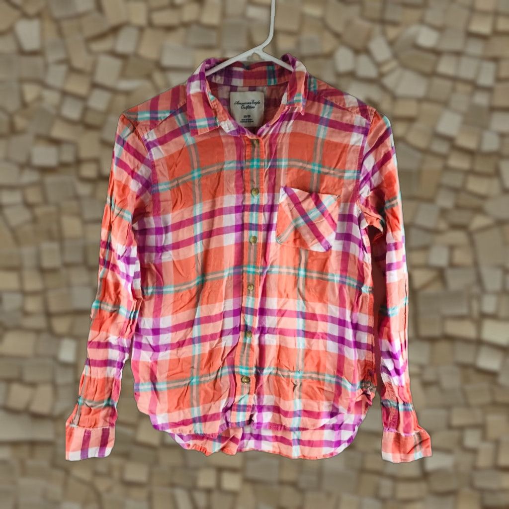 American Eagle Outfitters VINTAGE American Eagle Shirt Women XS Orange Pink Plaid Button-Up Long Sleeve Size XS / US 0-2 / IT 36-38 - 1 Thumbnail