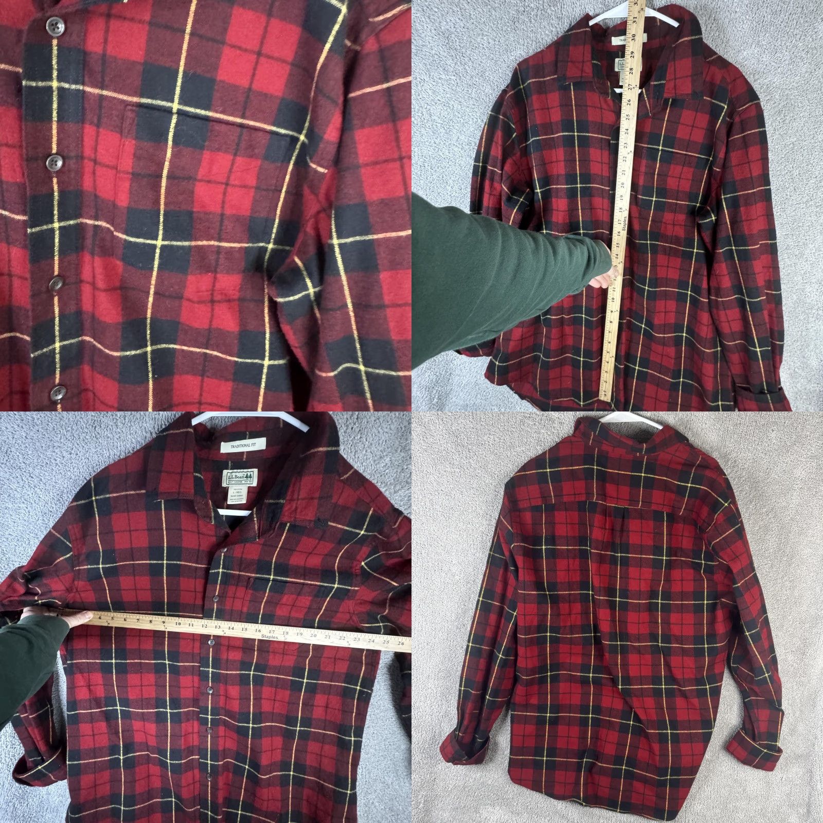 Vintage L.L. Bean Shirt Mens Large Plaid Flannel Long Sleeve Button Up Traditional Fit Red Black Yellow Accent Pocket Size US L / EU 52-54 / 3 - 8 Thumbnail