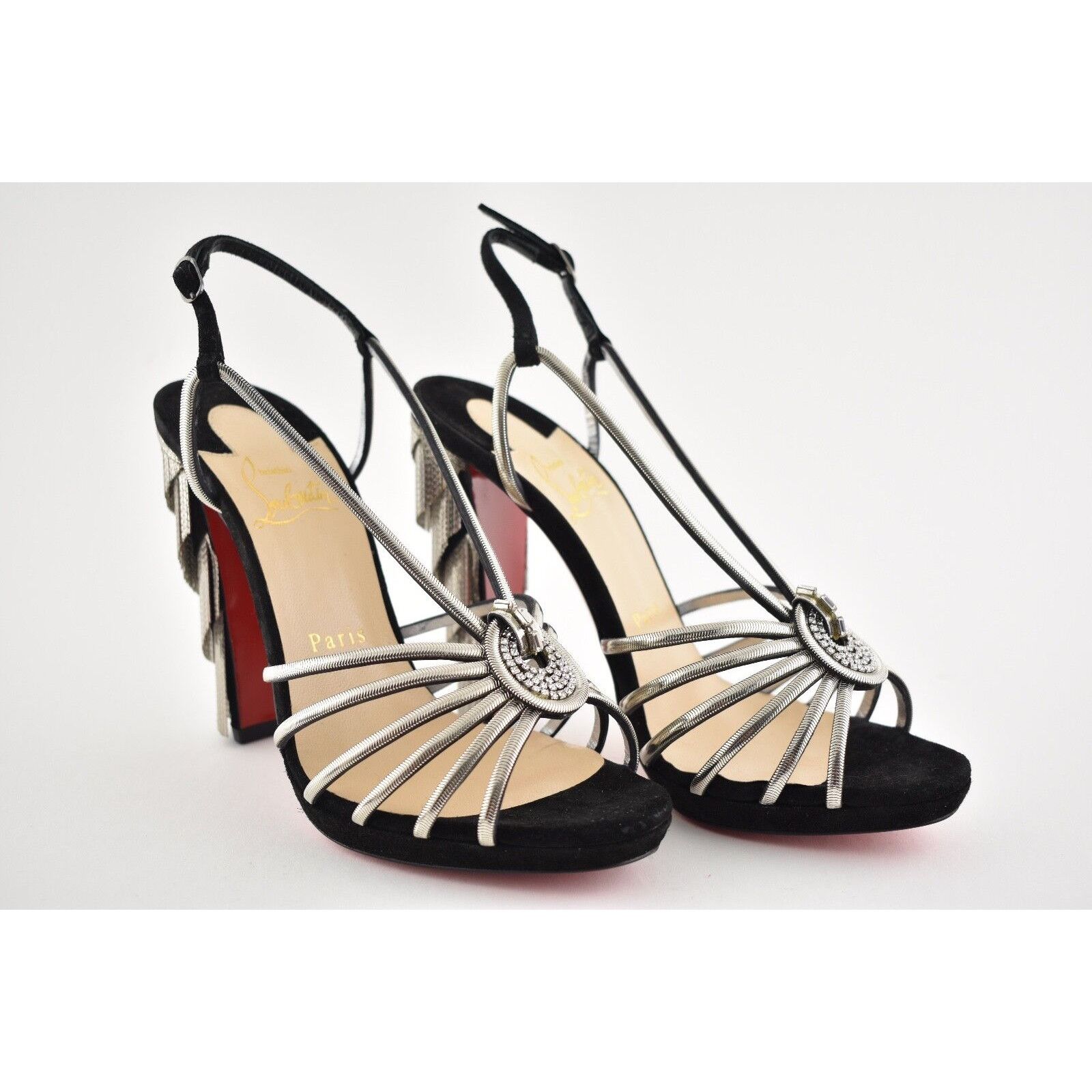 Christian Louboutin Jeanarlow 120 Black Silver Chain Sandal Heel Pump 36.5 Size US 6.5 / IT 36.5 - 4 Thumbnail