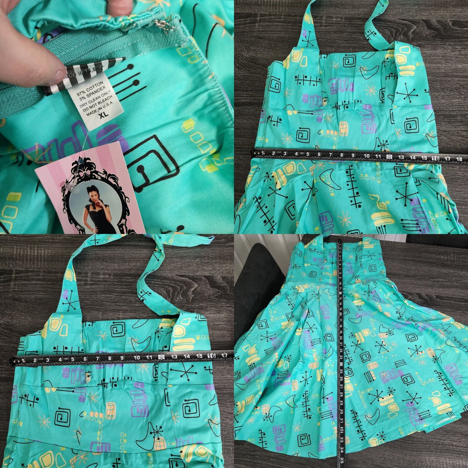 Atomic VINTAGE Pinup Couture Atomic Dress Fit Flare XL Teal 50s Retro Halter Rockabilly Vanity Dress Knee Length with Belt Womens XL Teal Size XL / US 12-14 / IT 48-50 - 8 Thumbnail