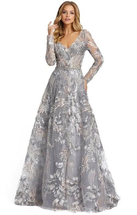 image of Designer New! Long Sleeve Beaded Applique Gown Msrp $798 in Silver, Women's (Size Medium)