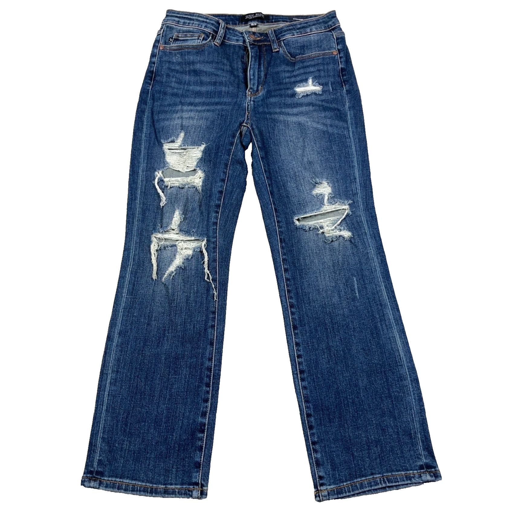 Vintage Judy Blue Jeans Women 29 Straight Leg Fit Dark Wash Distressed Holes Ripped 5-Pocket Denim Cotton Polyester Spandex Rayon Blue Vintage No Size 29" - 2 Thumbnail
