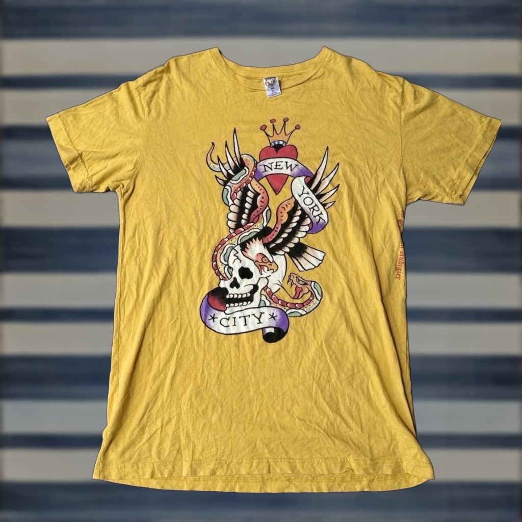 Ed Hardy VINTAGE Ed Hardy T-Shirt NYC Skull Tattoo 1990s Grunge Yellow Large Mens L Short Sleeve Crew Neck Graphic Print Made In USA Size US L / EU 52-54 / 3 - 1 Thumbnail