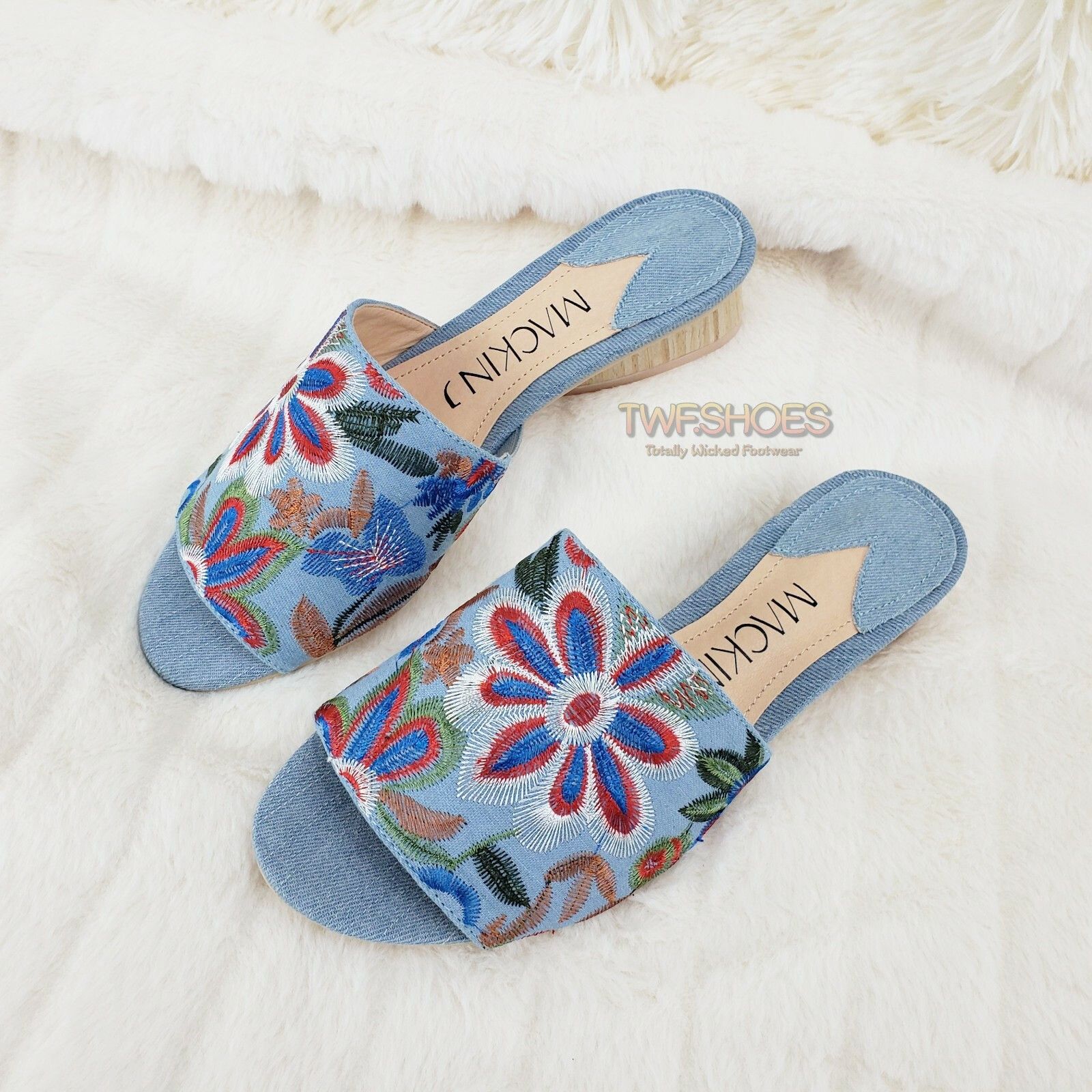 Other Mac J Denim Slip On Flats Mules Clog Slipper Embroidered Flo Size US 8 / IT 38 - 2 Thumbnail