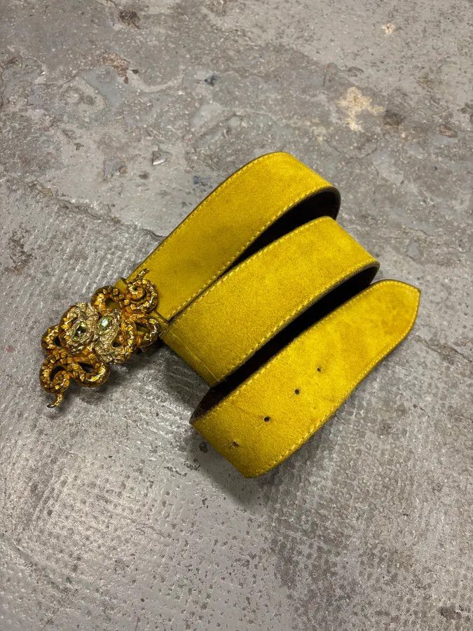Roberto Cavalli × Vintage 2000s Roberto Cavalli Yellow Suede Leather Embellished Buckle Belt Size ONE SIZE - 6 Thumbnail