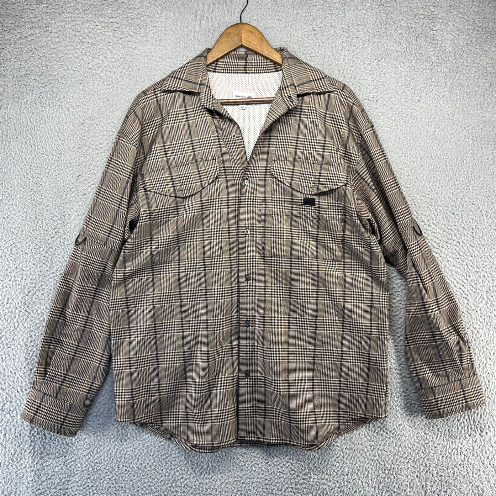 image of Vintage Bobblehaus Shirt Men's Medium Tan Black Houndstooth Shanghai Vented Performance in White