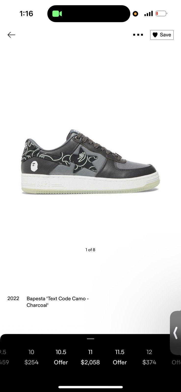 Bape Bapesta 'Text Code Camo - Charcoal' 2022 Size US 11 / EU 44 - 1 Thumbnail