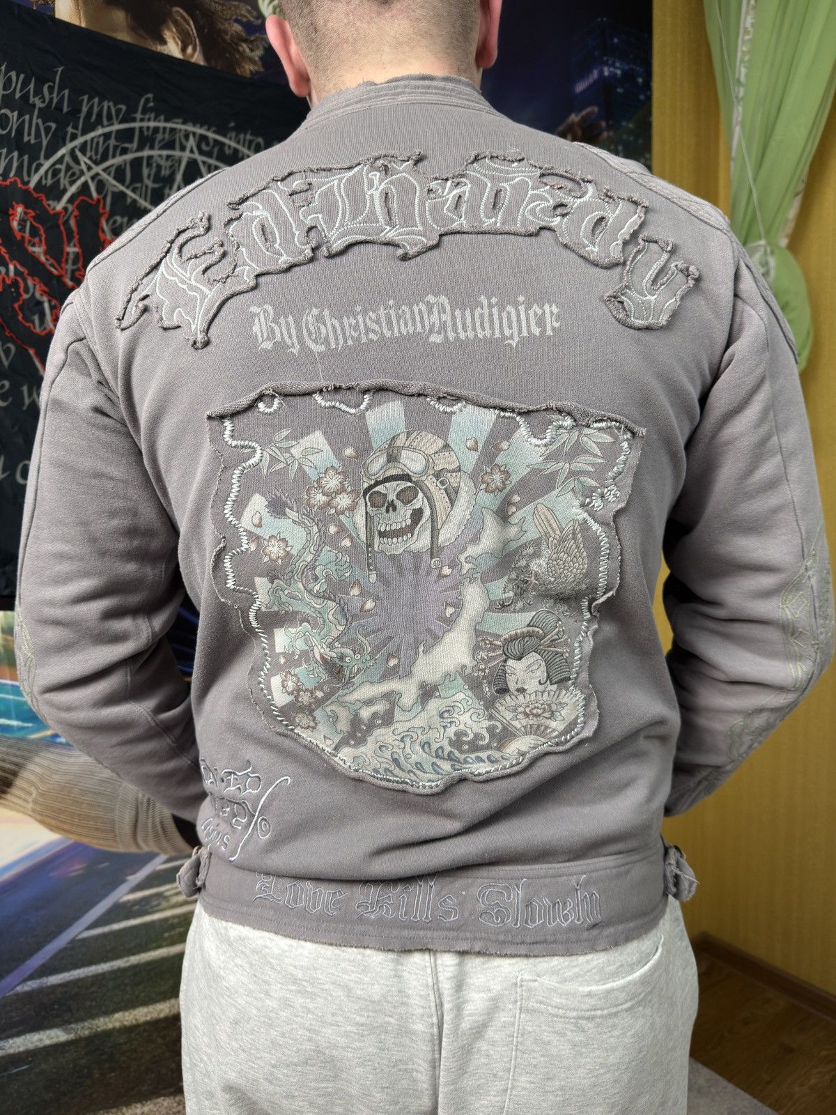 Ed Hardy Ed Hardy Distressed Cotton Motorcycle Jacket Size US L / EU 52-54 / 3 - 22 Thumbnail