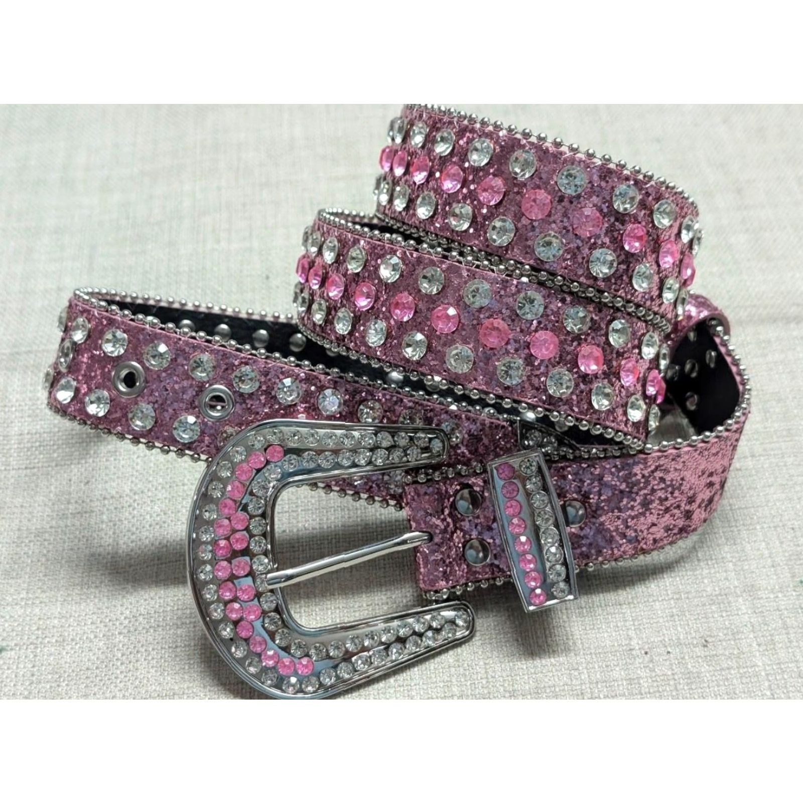 Vintage VINTAGE RHINESTONE STUDDED pink glitter Y2K BUCKLE BELT western 42 belt unisex adults 1-1/2" width pink glitter rhinestone barbie COWBOY Size 42 - 2 Thumbnail